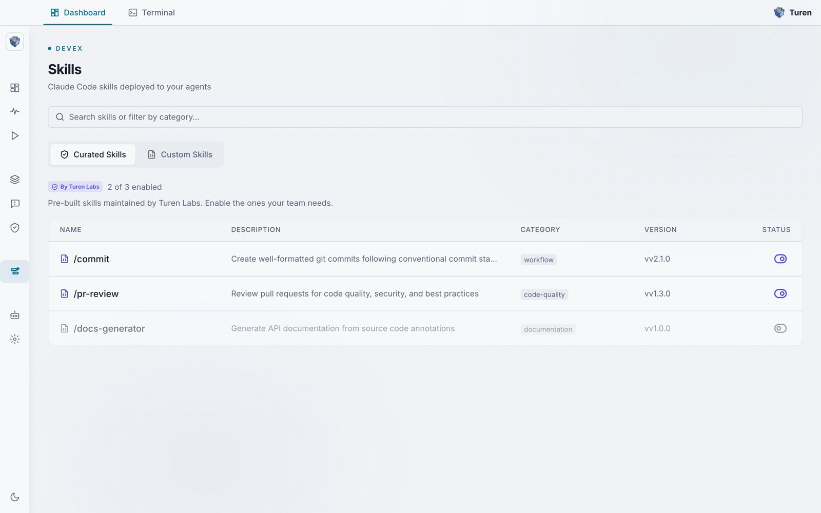 Turen dashboard Skills page listing curated Claude Code skills /commit, /pr-review, and /docs-generator with enable toggles, categories, and versions