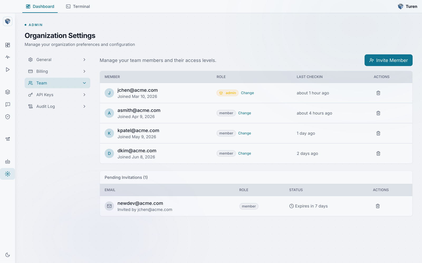 Turen Organization Settings Team page listing members with admin and member roles, join dates, last check-in times, and one pending invitation.