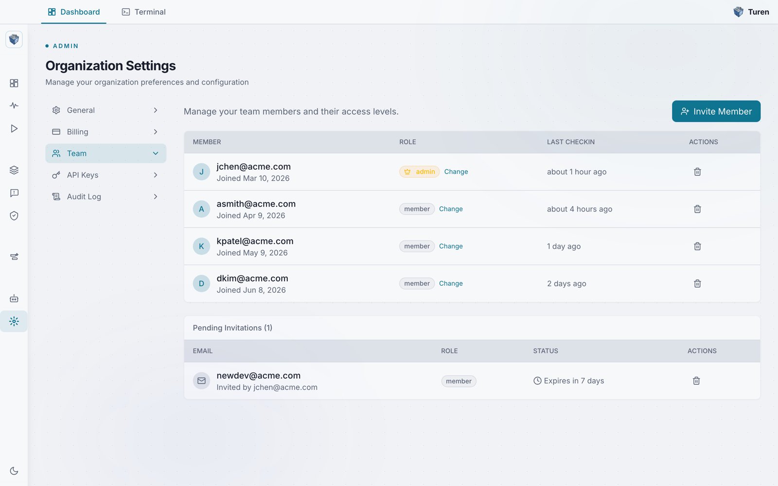 Turen Organization Settings Team page listing members with admin and member roles, join dates, last check-in times, and one pending invitation.