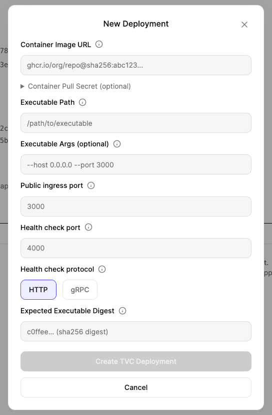 Deployment settings modal