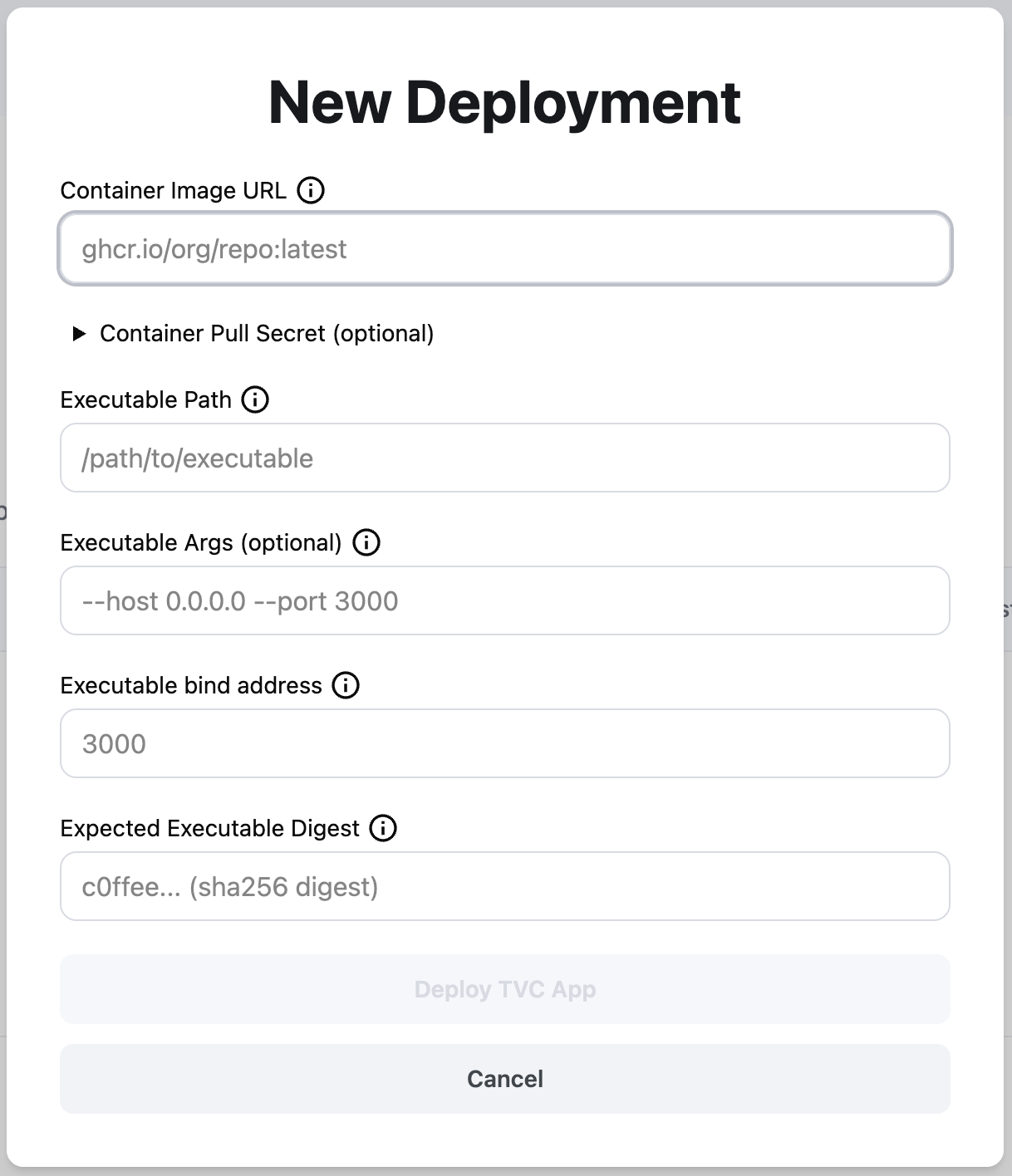 Deployment settings modal