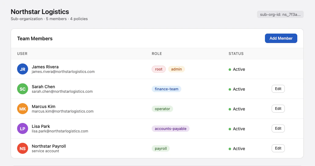 Example application UI showing team members and role assignments for Northstar Logistics