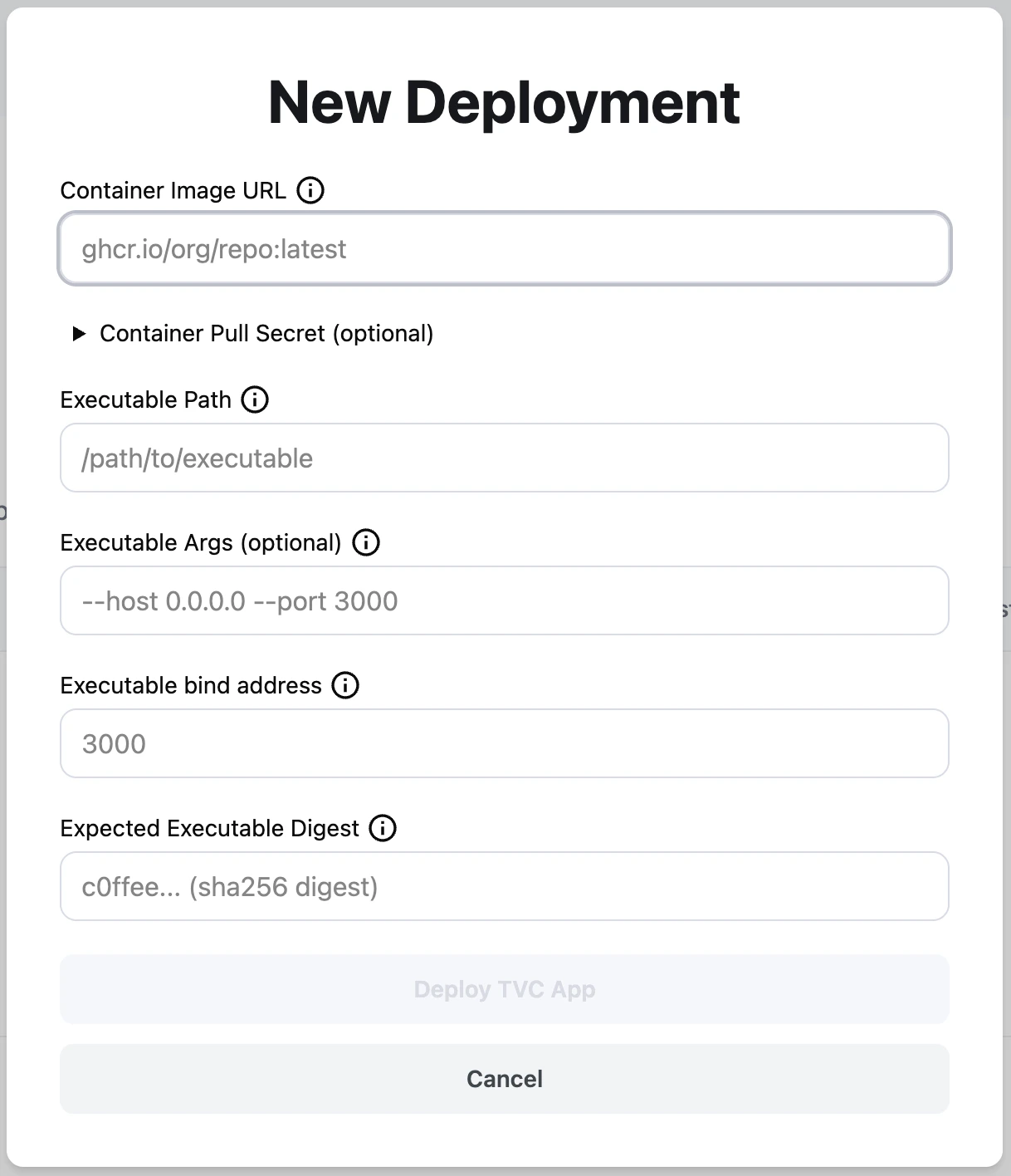 Deployment settings modal