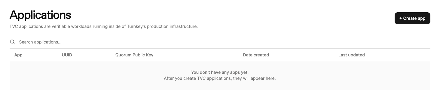 Create app button on the TVC dashboard