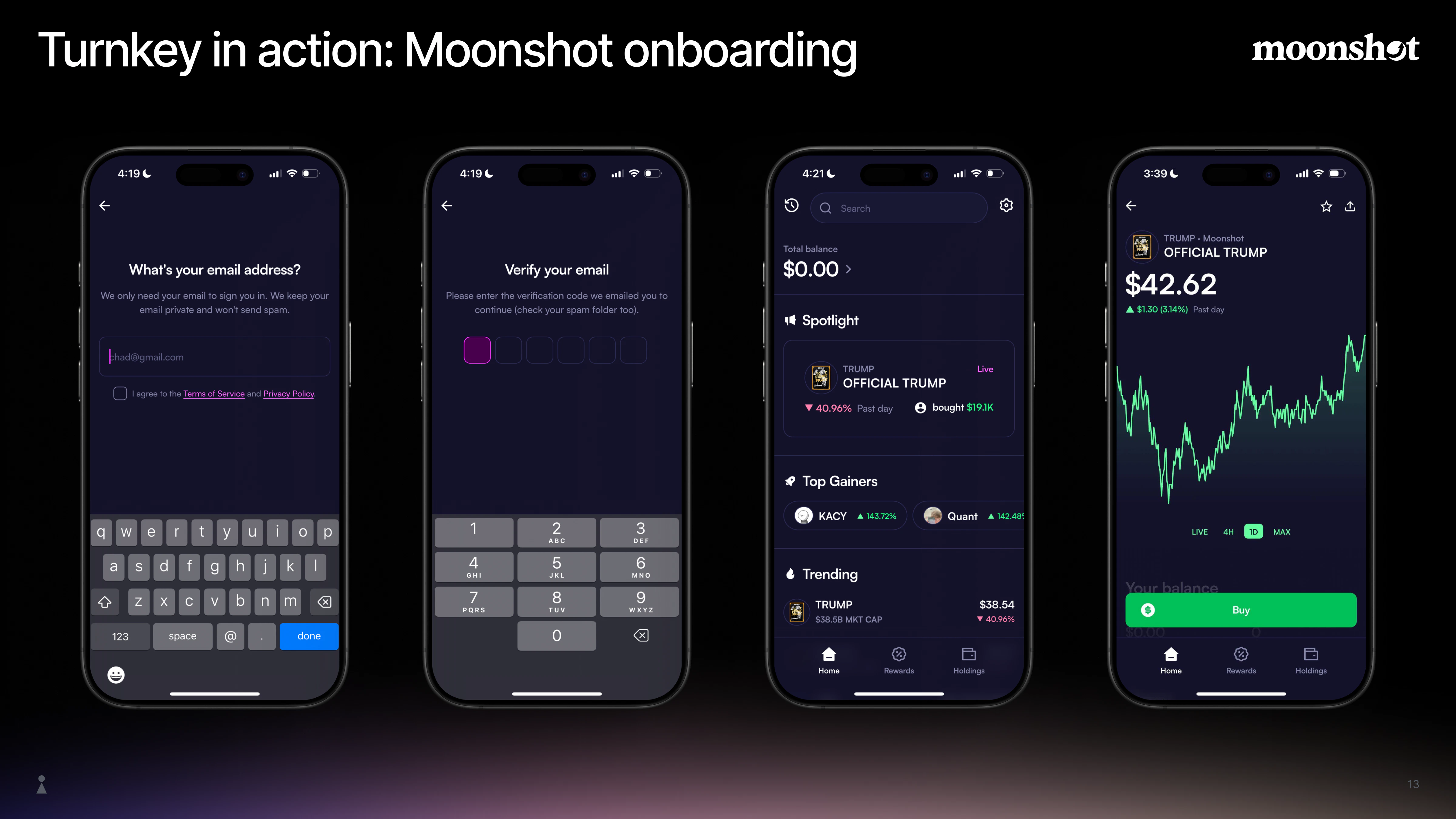 Turnkey in action: Moonshot onboarding — email sign-in, verification, portfolio, and asset view