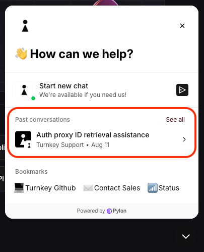 The open support chat panel with the list of past conversations highlighted