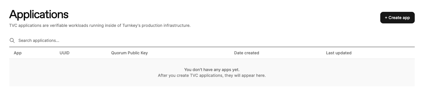 Create app button on the TVC dashboard
