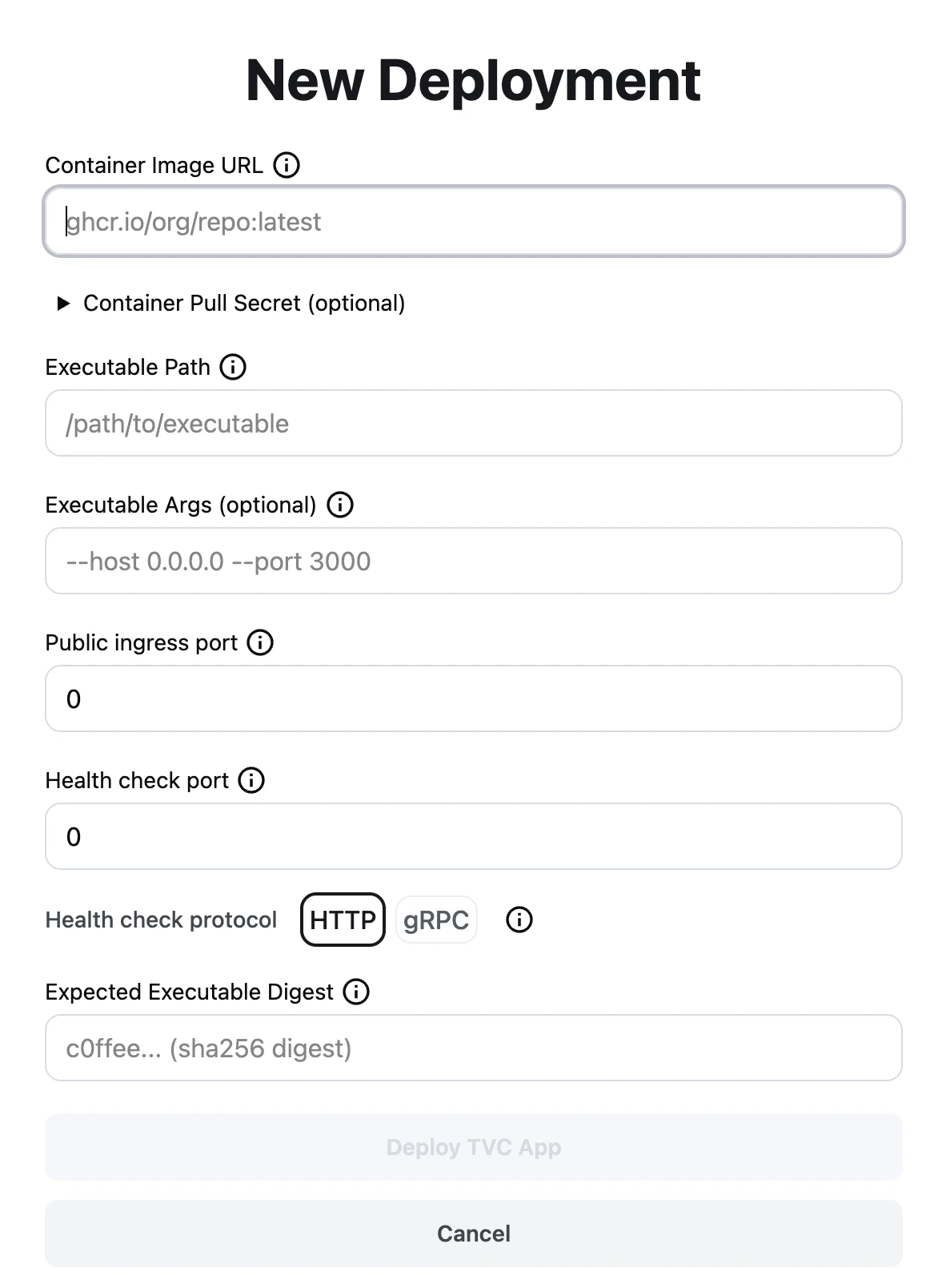 Deployment settings modal