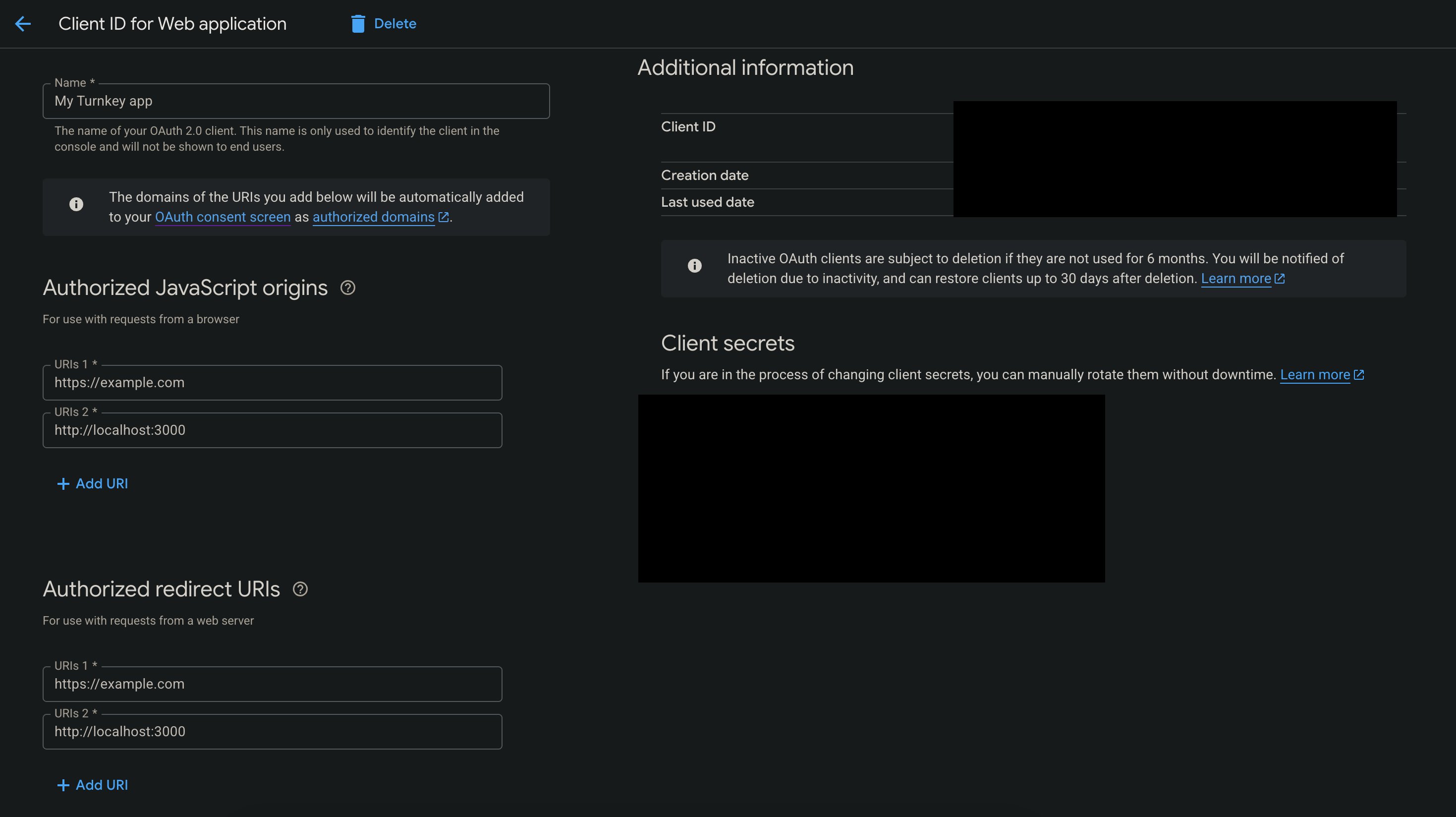 The Google developer console