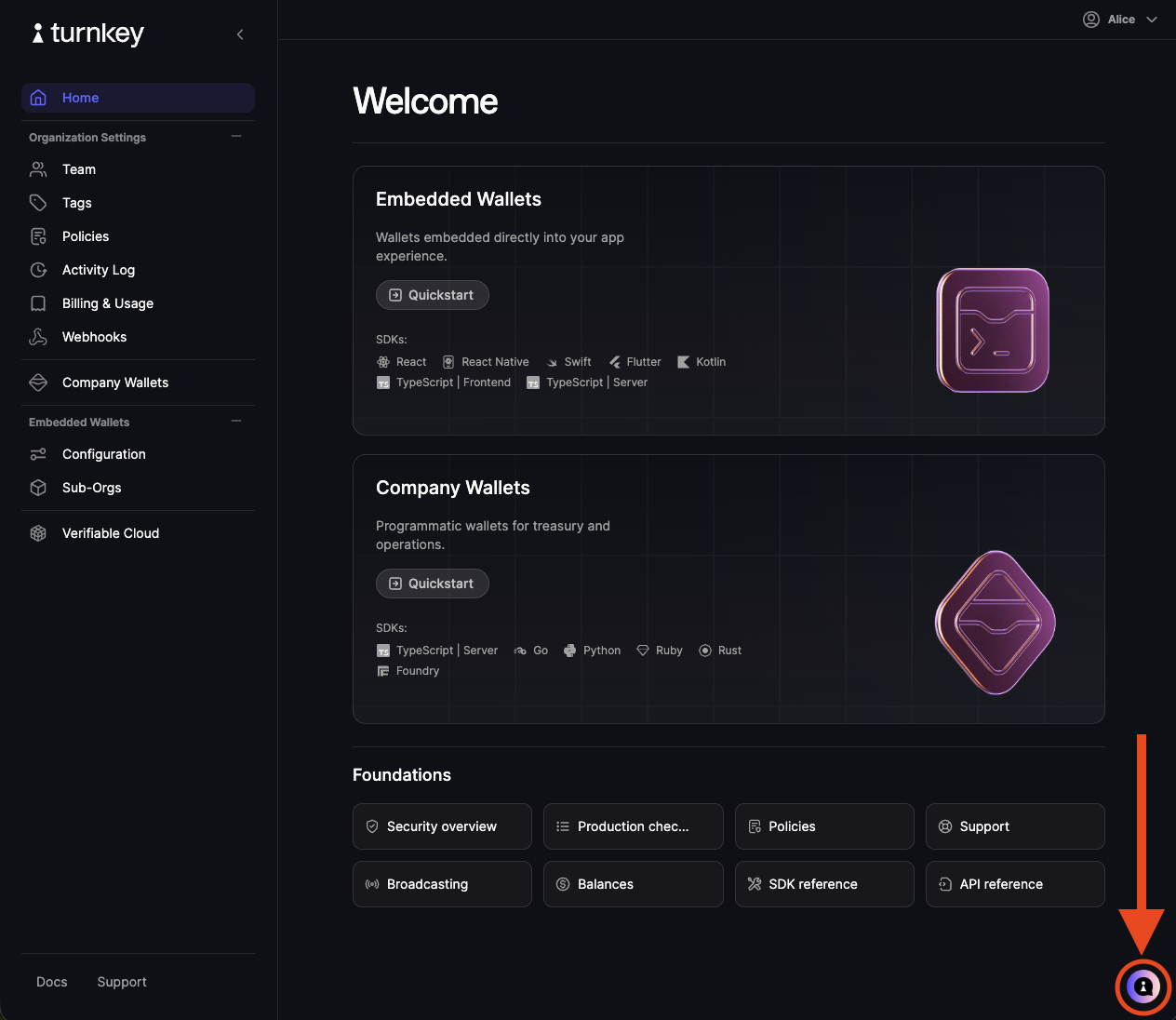 Turnkey dashboard with the support chat launcher in the bottom-right corner