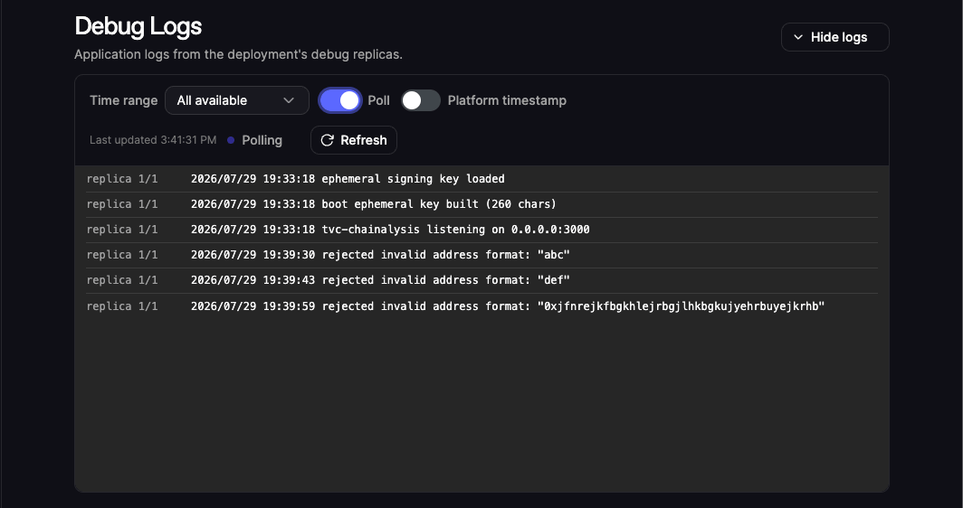 Debug logs on the deployment page in the TVC dashboard