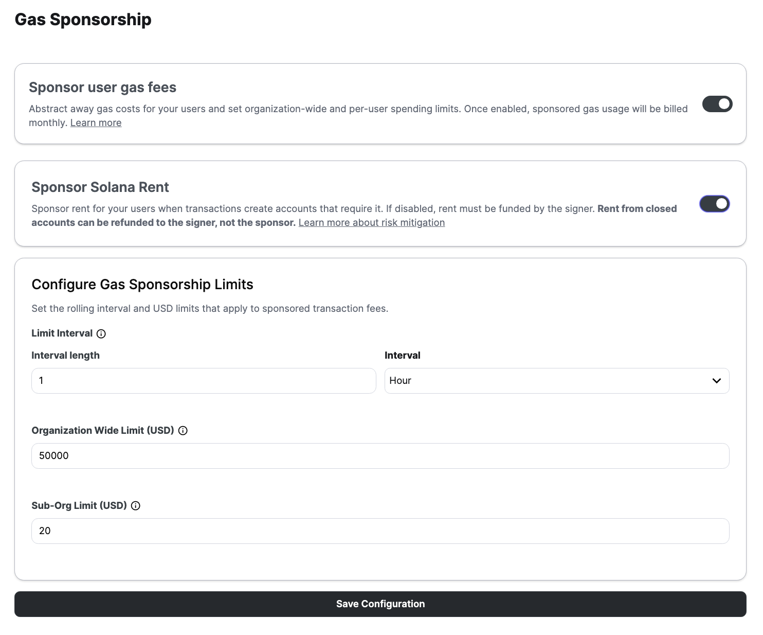 Turnkey dashboard showing Sponsor Solana Rent enabled