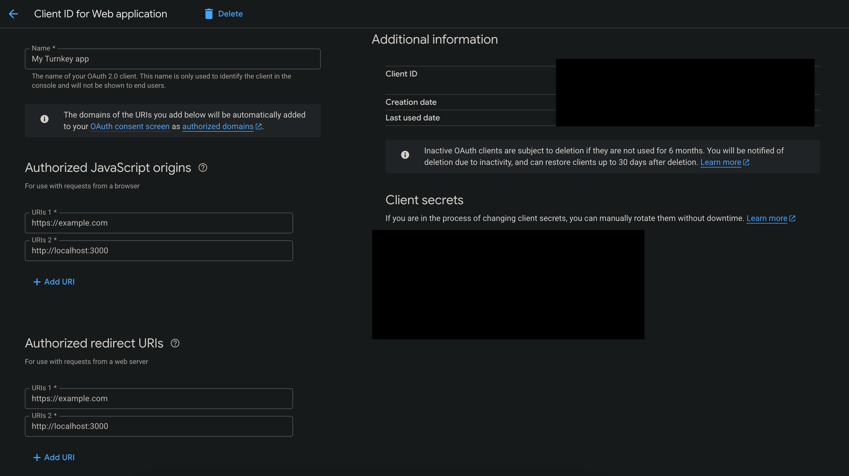 The Google developer console