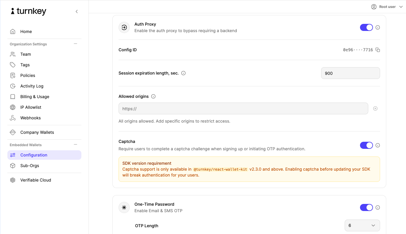 Captcha protection toggle in the Turnkey Dashboard