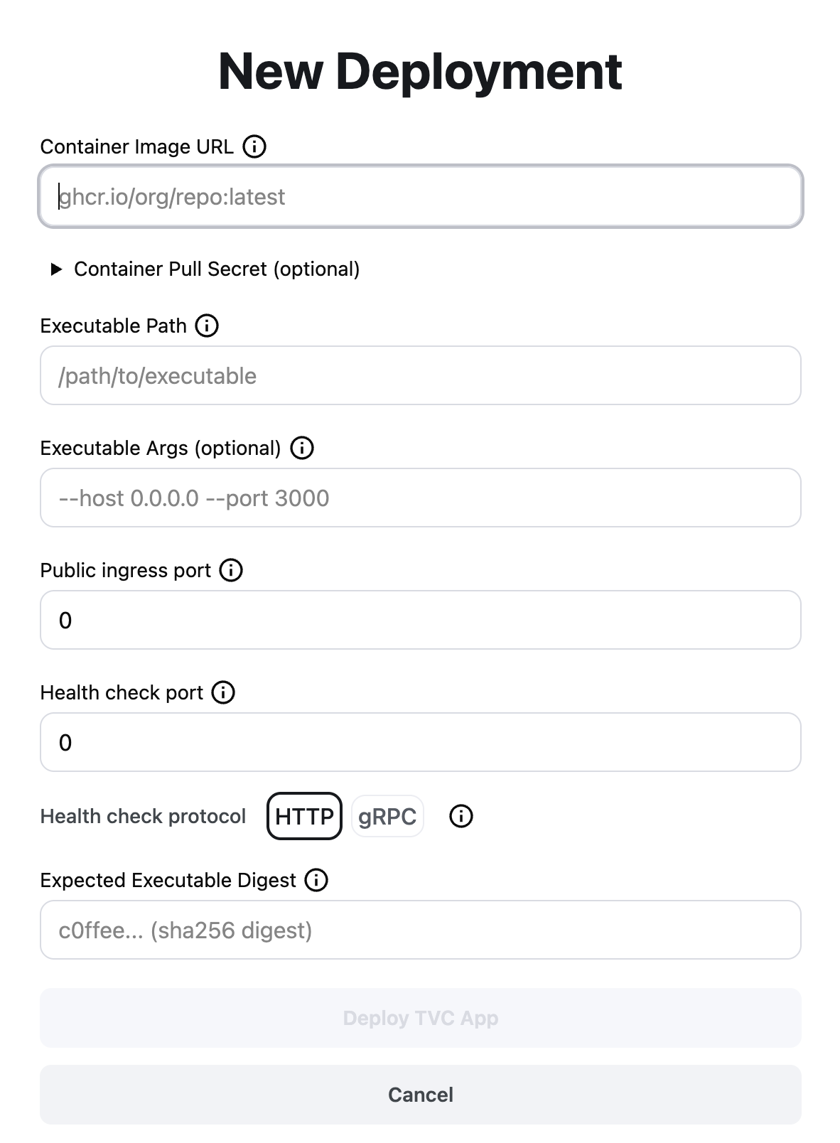 Deployment settings modal
