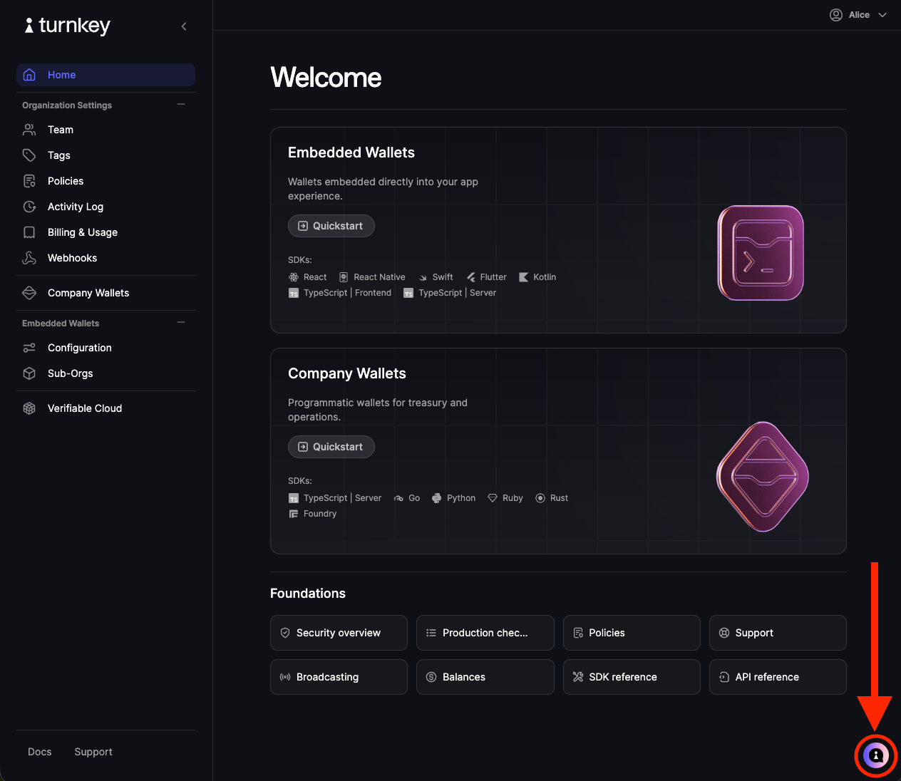 Turnkey dashboard with the support chat launcher in the bottom-right corner