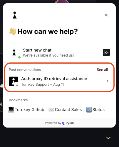 The open support chat panel with the list of past conversations highlighted