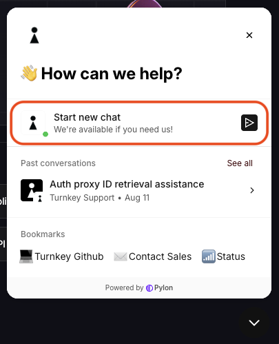 The open support chat panel with the option to start a new conversation highlighted