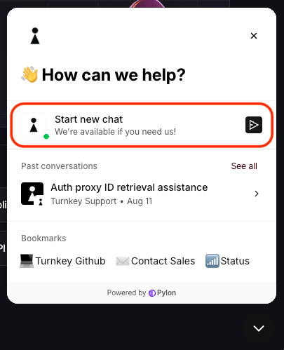 The open support chat panel with the option to start a new conversation highlighted