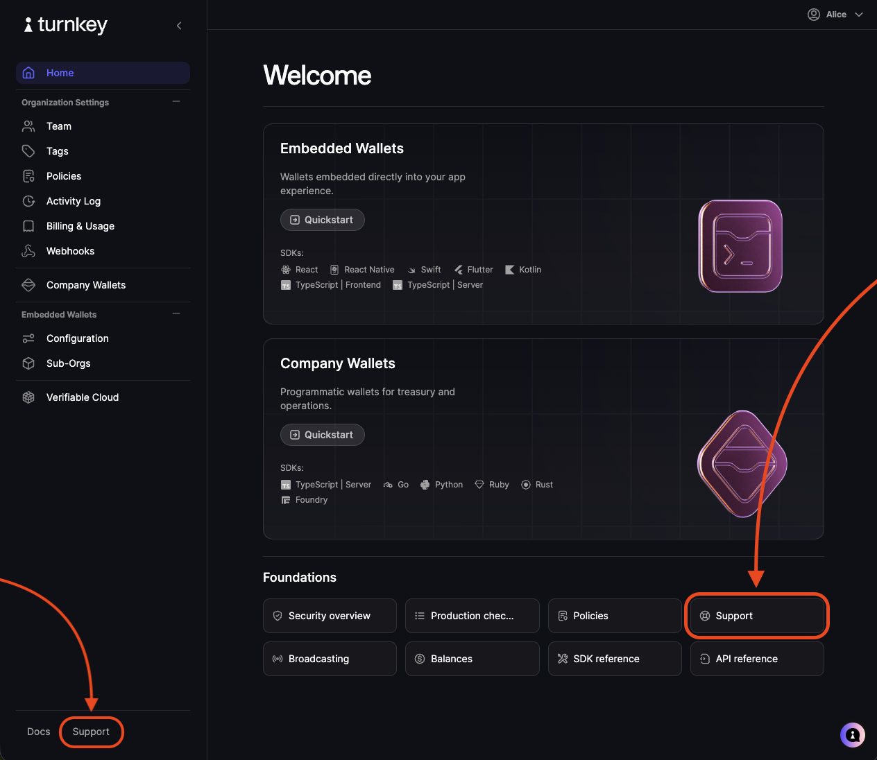 The Support link at the bottom of the Turnkey dashboard side nav and the Support call to action on the dashboard Home screen