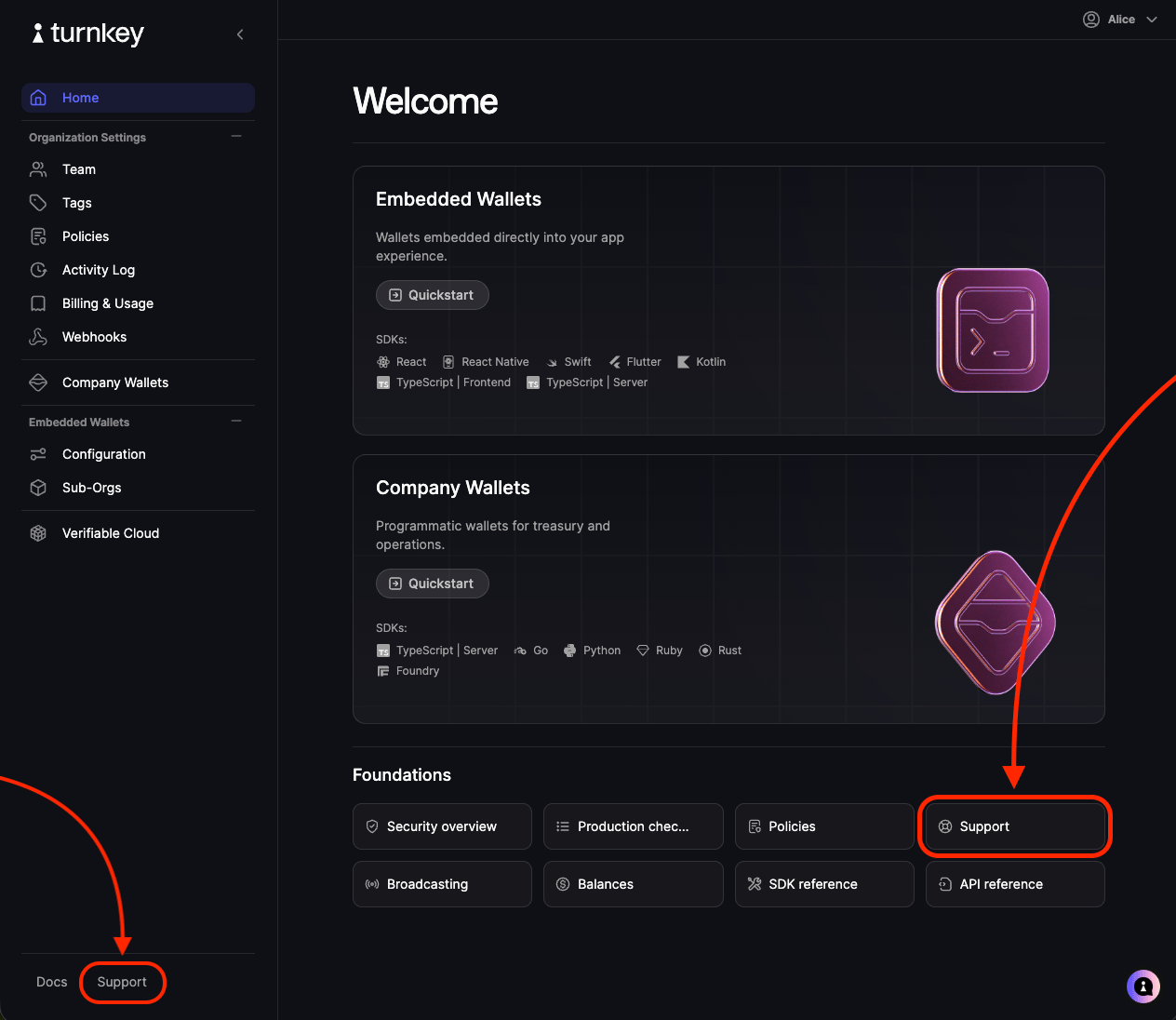 The Support link at the bottom of the Turnkey dashboard side nav and the Support call to action on the dashboard Home screen
