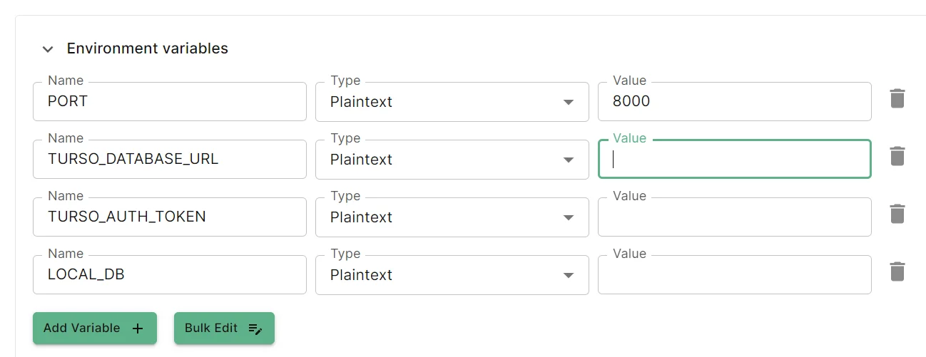 Koyeb deploy page - environment variables