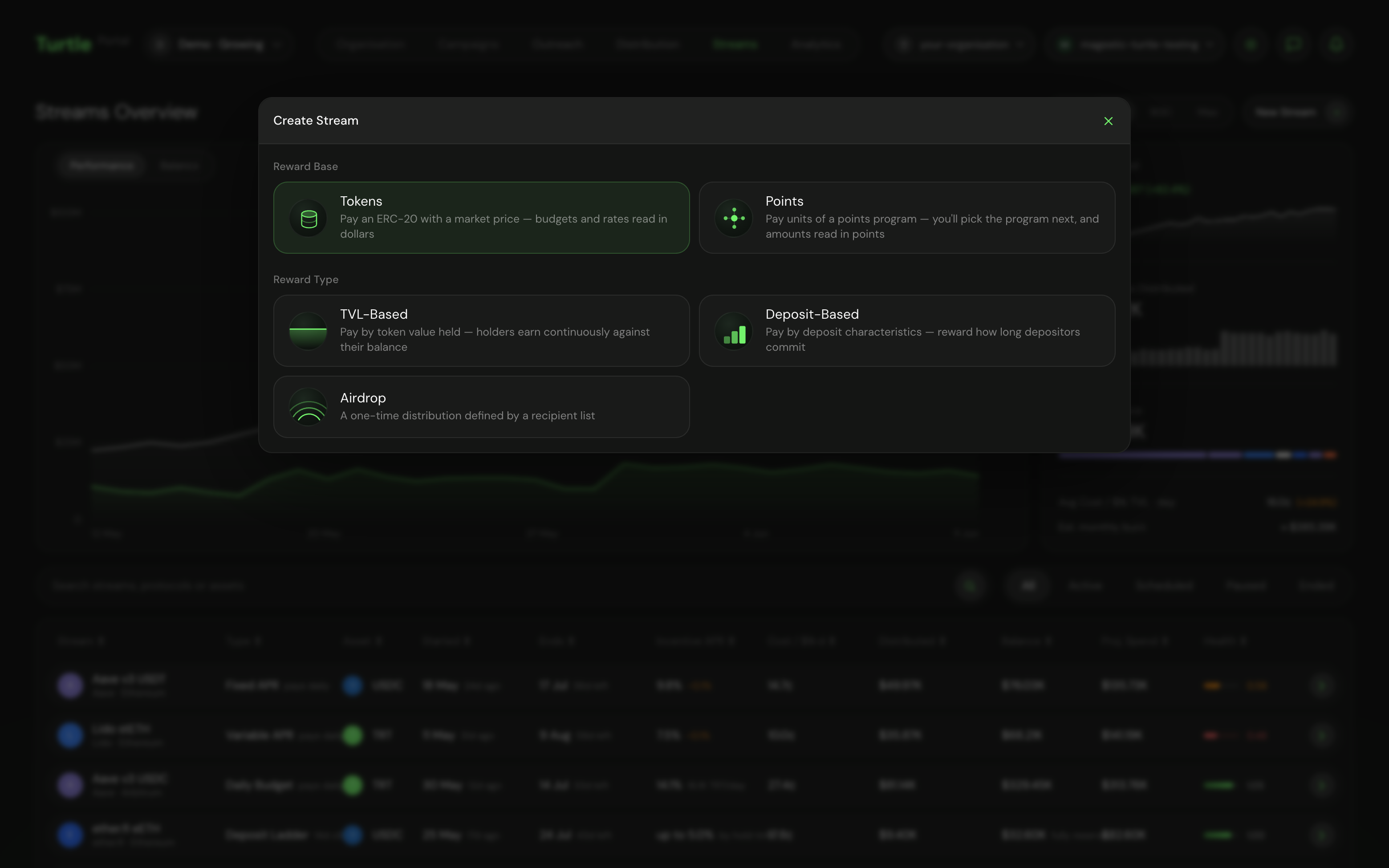 The Create Stream dialog showing the Tokens/Points reward base choice and the TVL-Based, Deposit-Based, and Airdrop reward types.