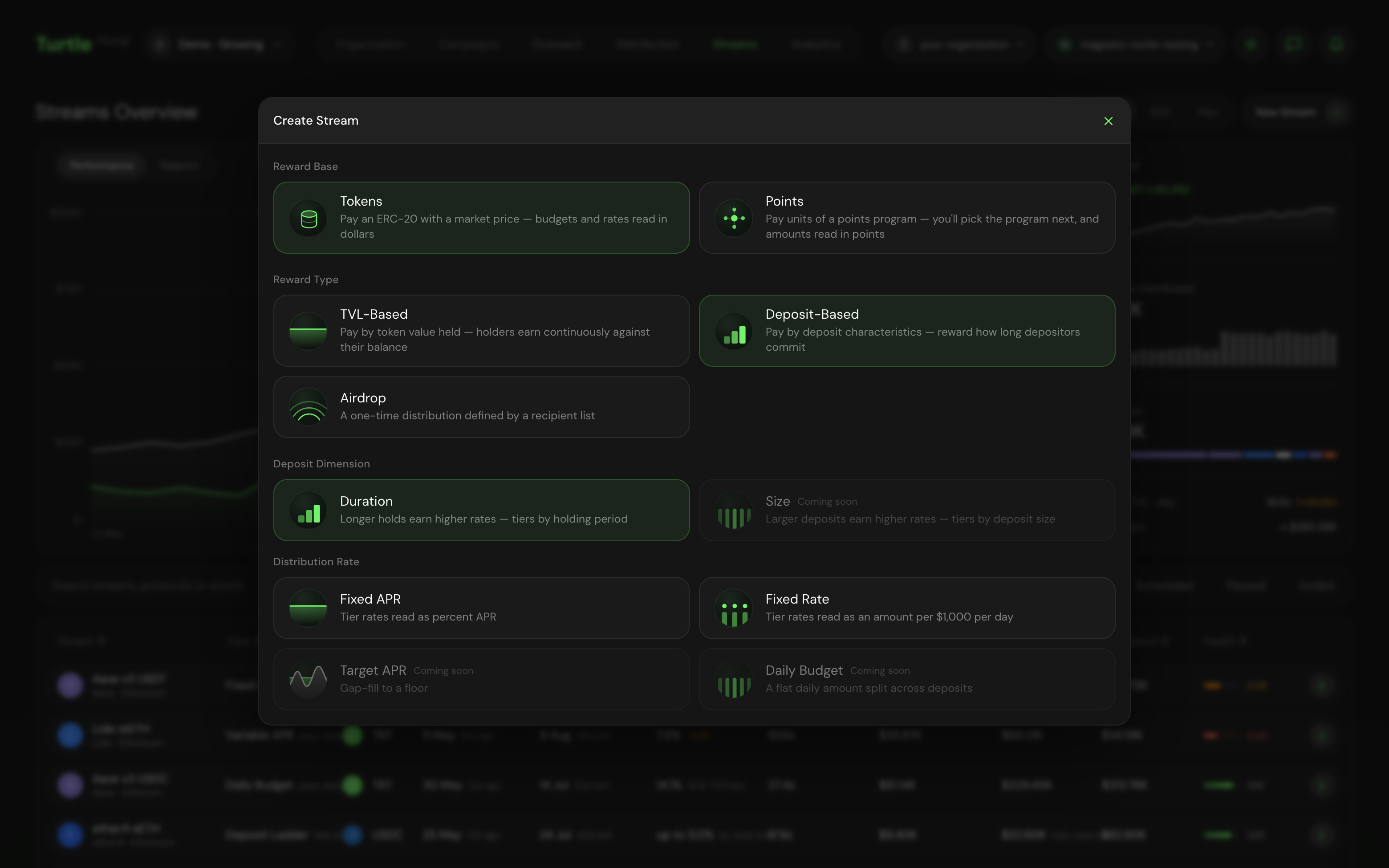 The Create Stream dialog with Deposit-Based selected, showing the Duration and Size deposit dimensions and the distribution-rate options.