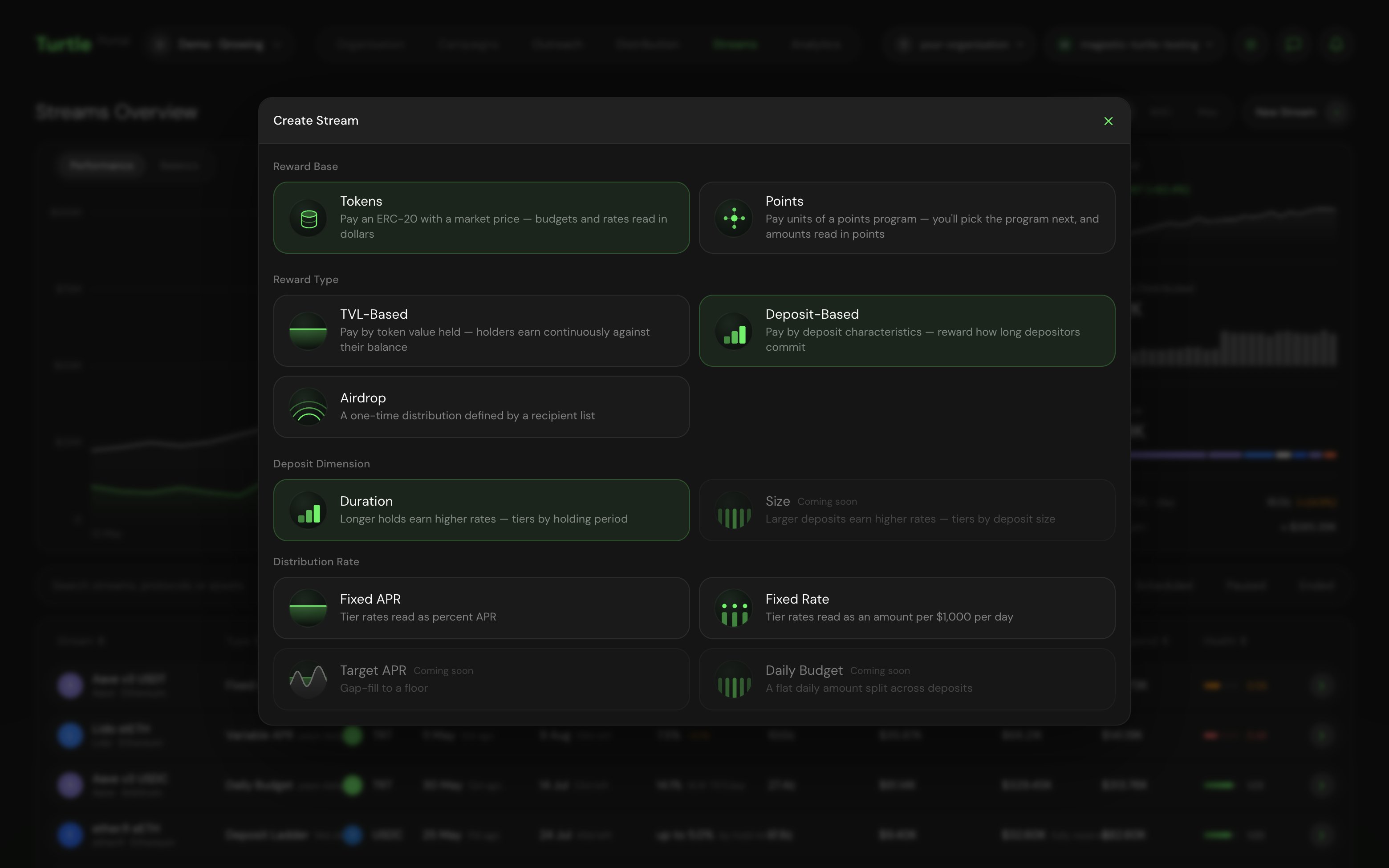 The Create Stream dialog with Deposit-Based selected, showing the Duration and Size deposit dimensions and the distribution-rate options.