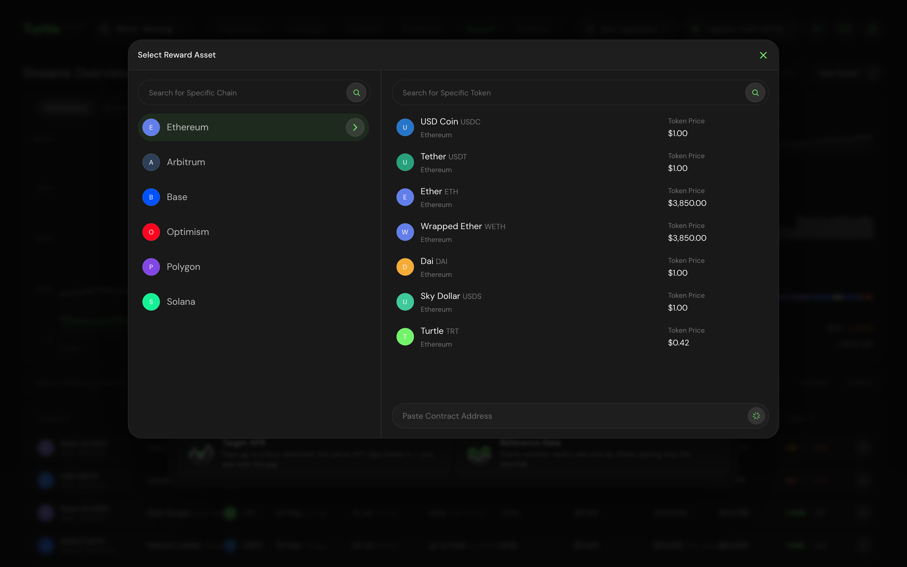 The reward asset selection dialog listing allowlisted reward tokens with their prices, filtered by chain.