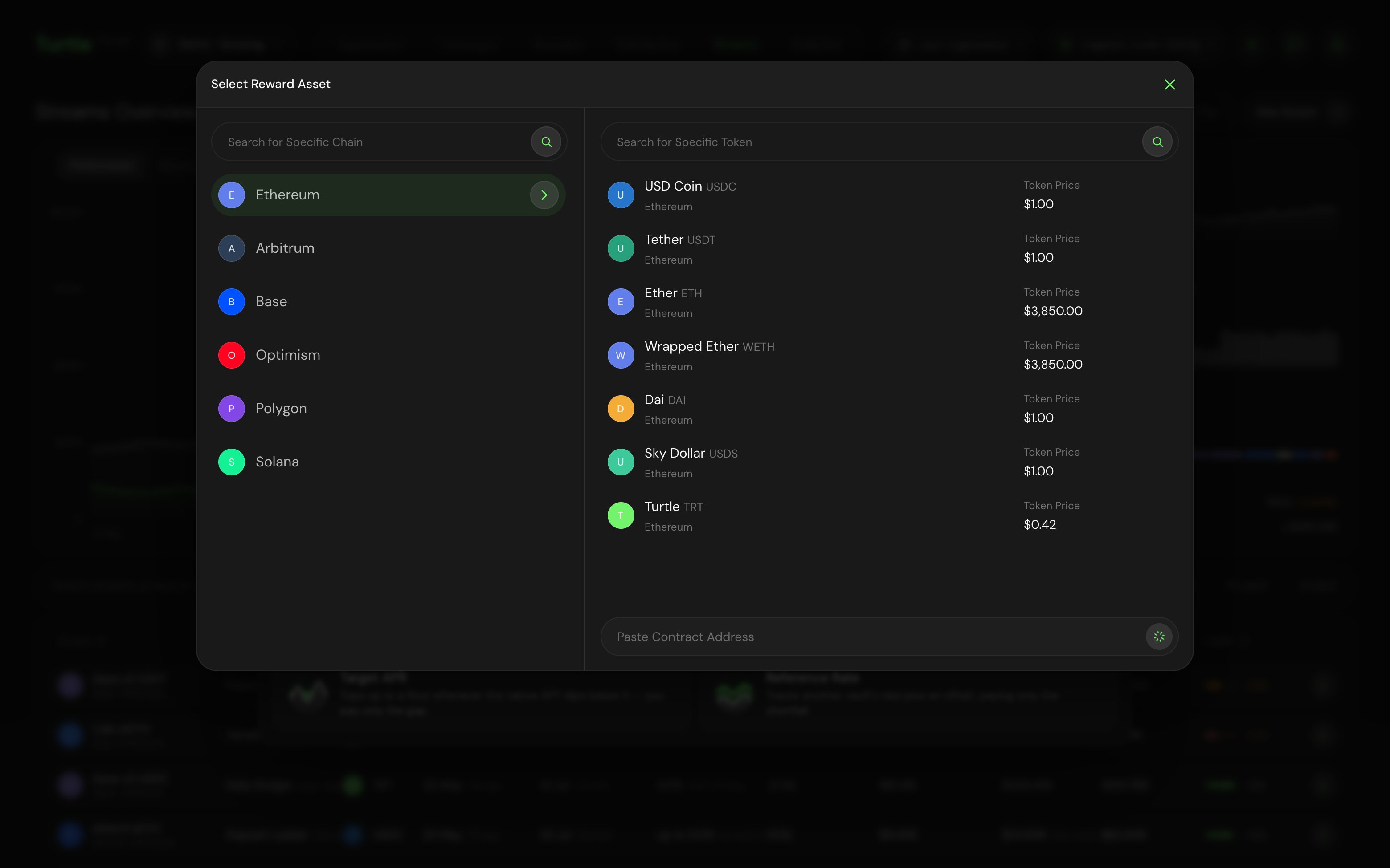 The reward asset selection dialog listing allowlisted reward tokens with their prices, filtered by chain.