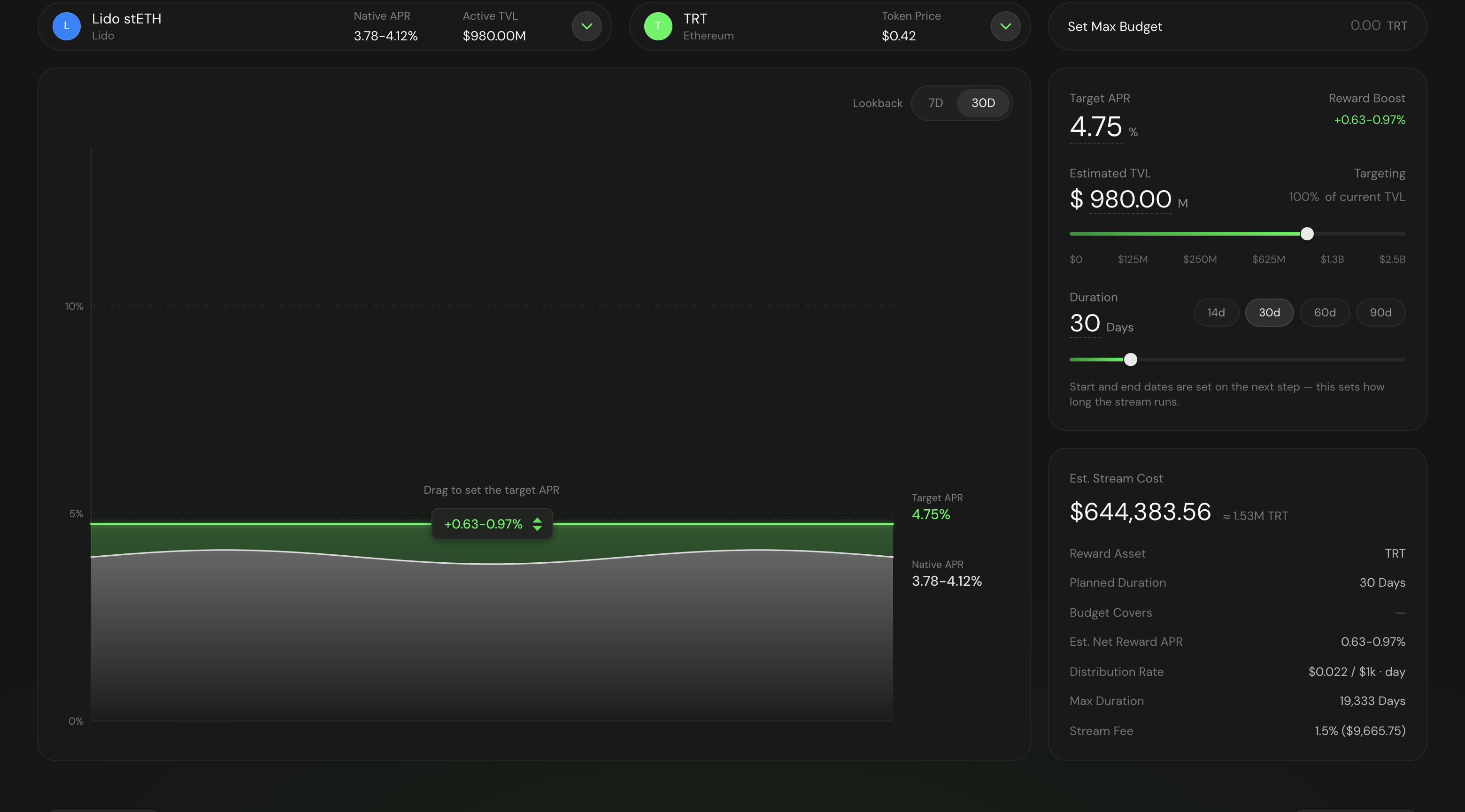The Target APR configuration screen showing the native APR curve, a draggable target line, the reward boost gap, estimated TVL, duration, and the estimated stream cost panel.