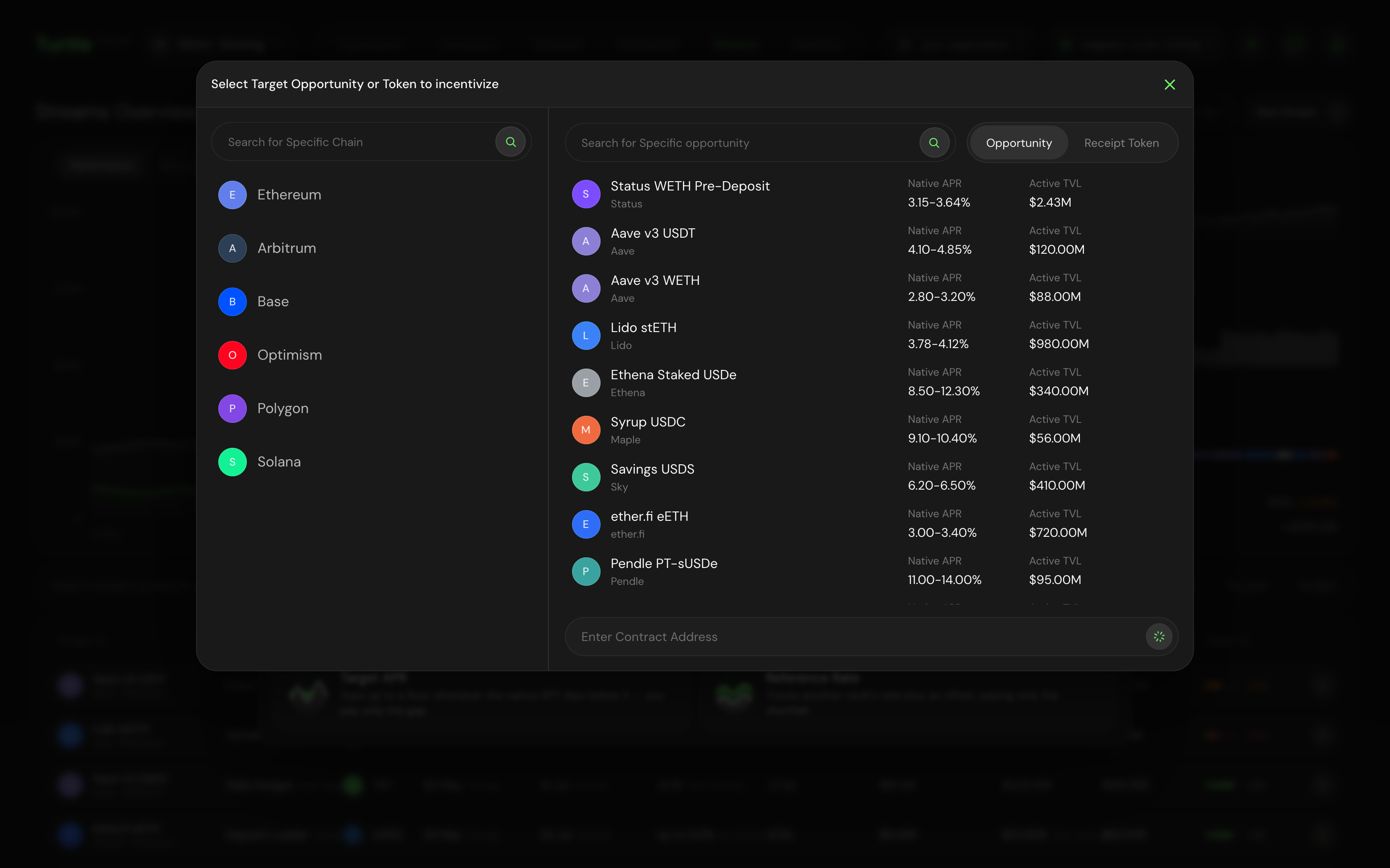 The target selection dialog listing opportunities with their native APR and active TVL, filtered by chain.