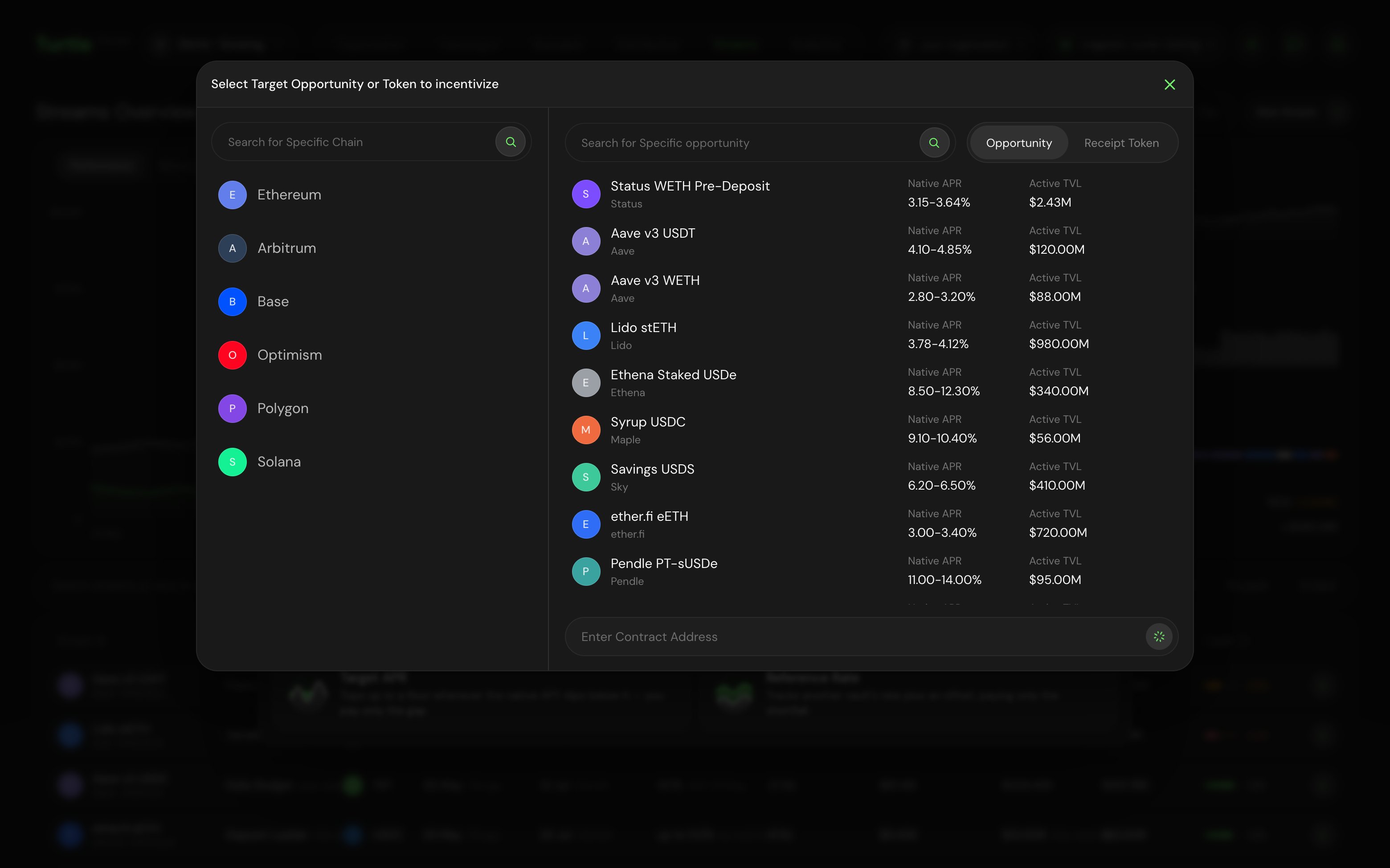 The target selection dialog listing opportunities with their native APR and active TVL, filtered by chain.