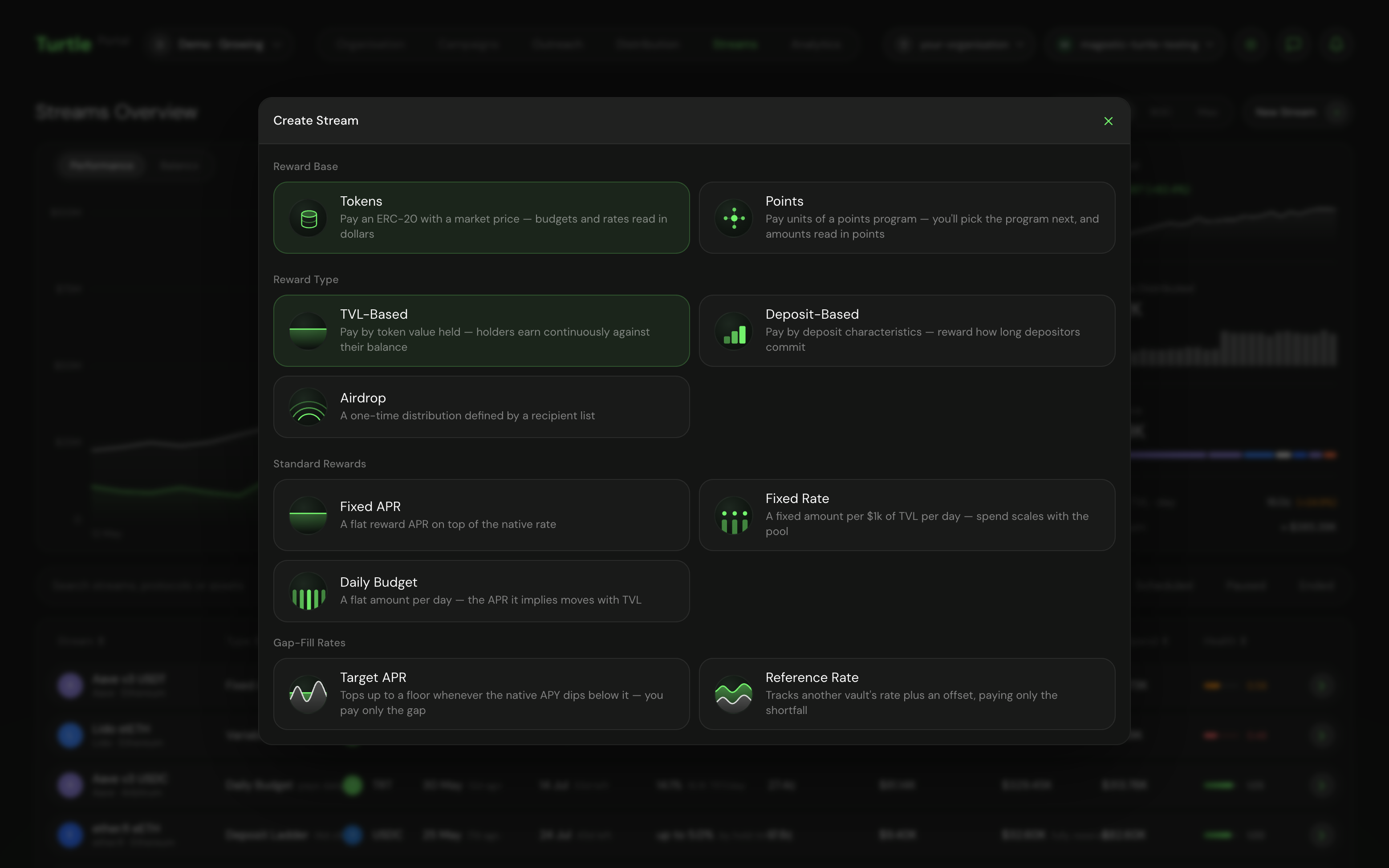 The Create Stream dialog with TVL-Based selected, showing Fixed APR, Fixed Rate, and Daily Budget under Standard Rewards, and Target APR and Reference Rate under Gap-Fill Rates.