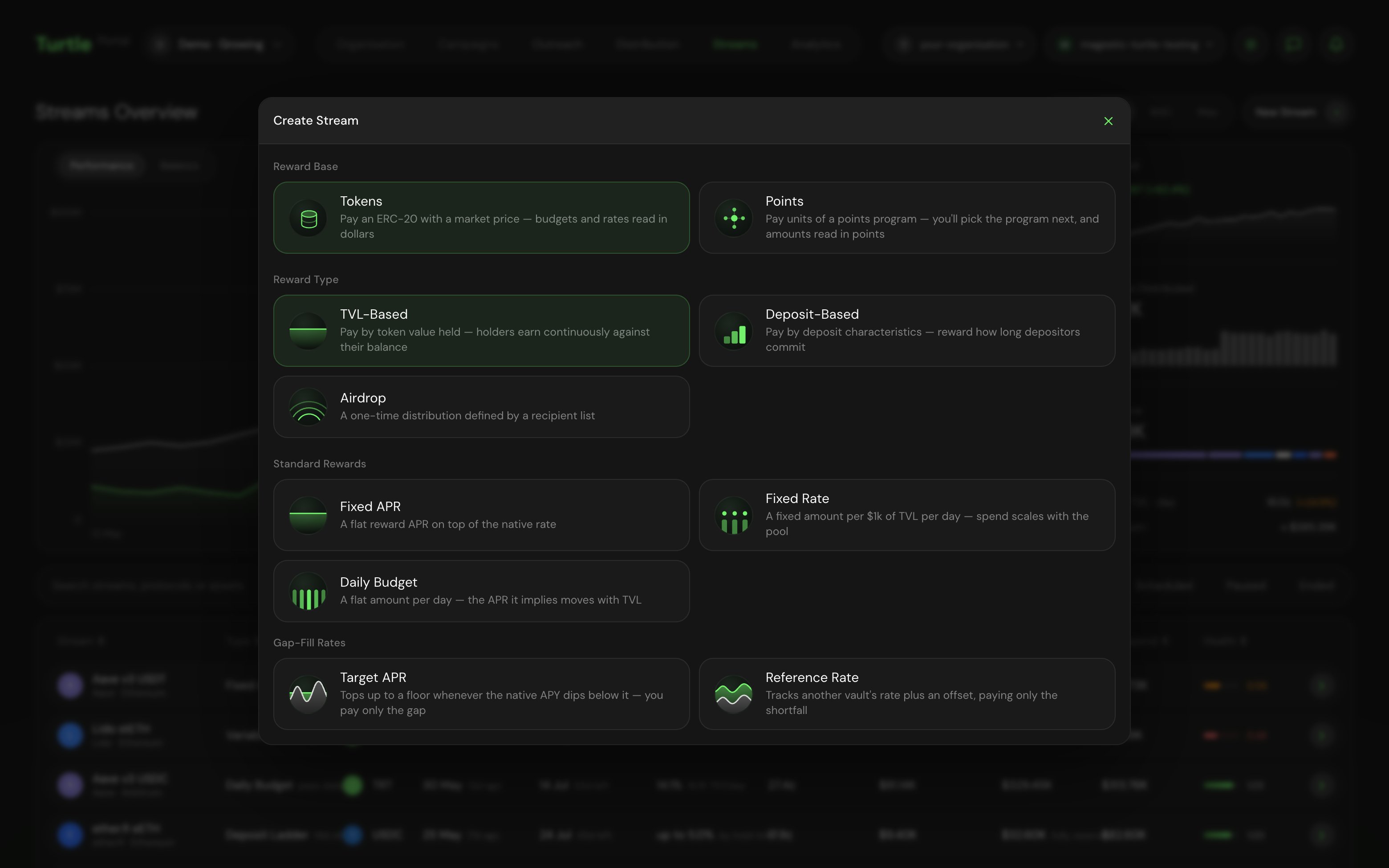 The Create Stream dialog with TVL-Based selected, showing Fixed APR, Fixed Rate, and Daily Budget under Standard Rewards, and Target APR and Reference Rate under Gap-Fill Rates.