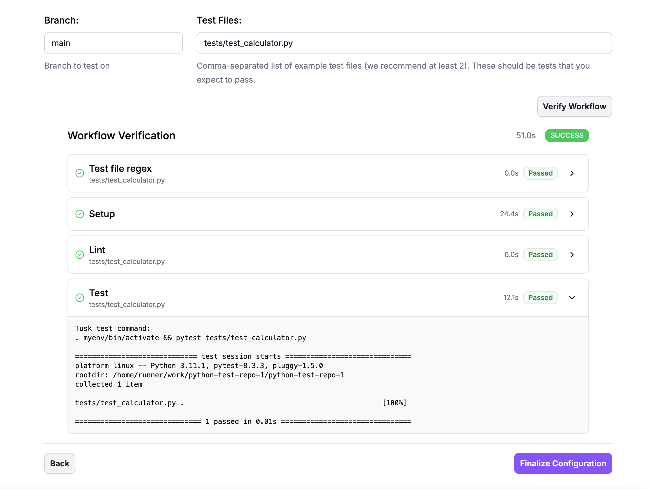 Tusk GitHub workflow verification steps