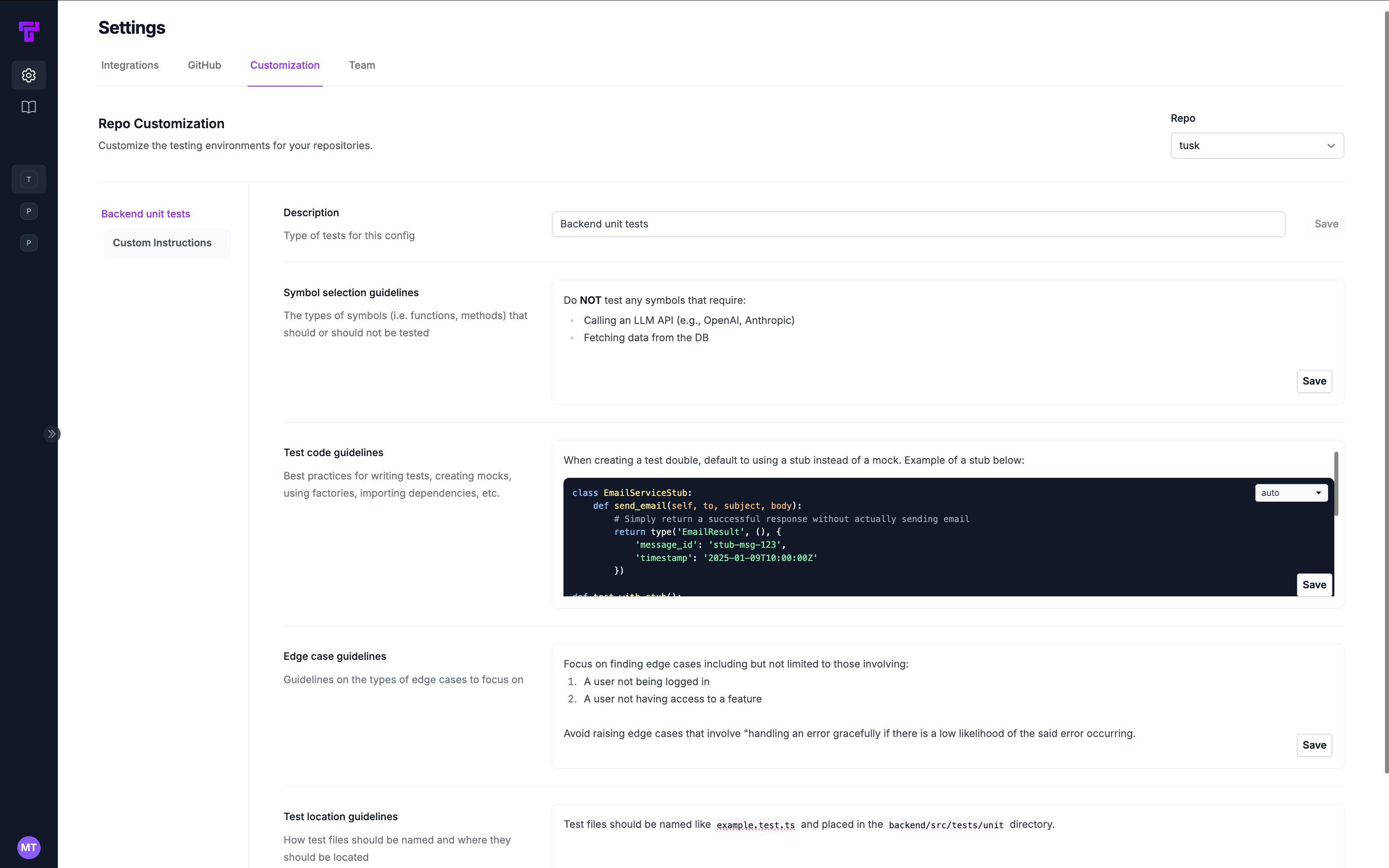 Screenshot of Tusk's customization page