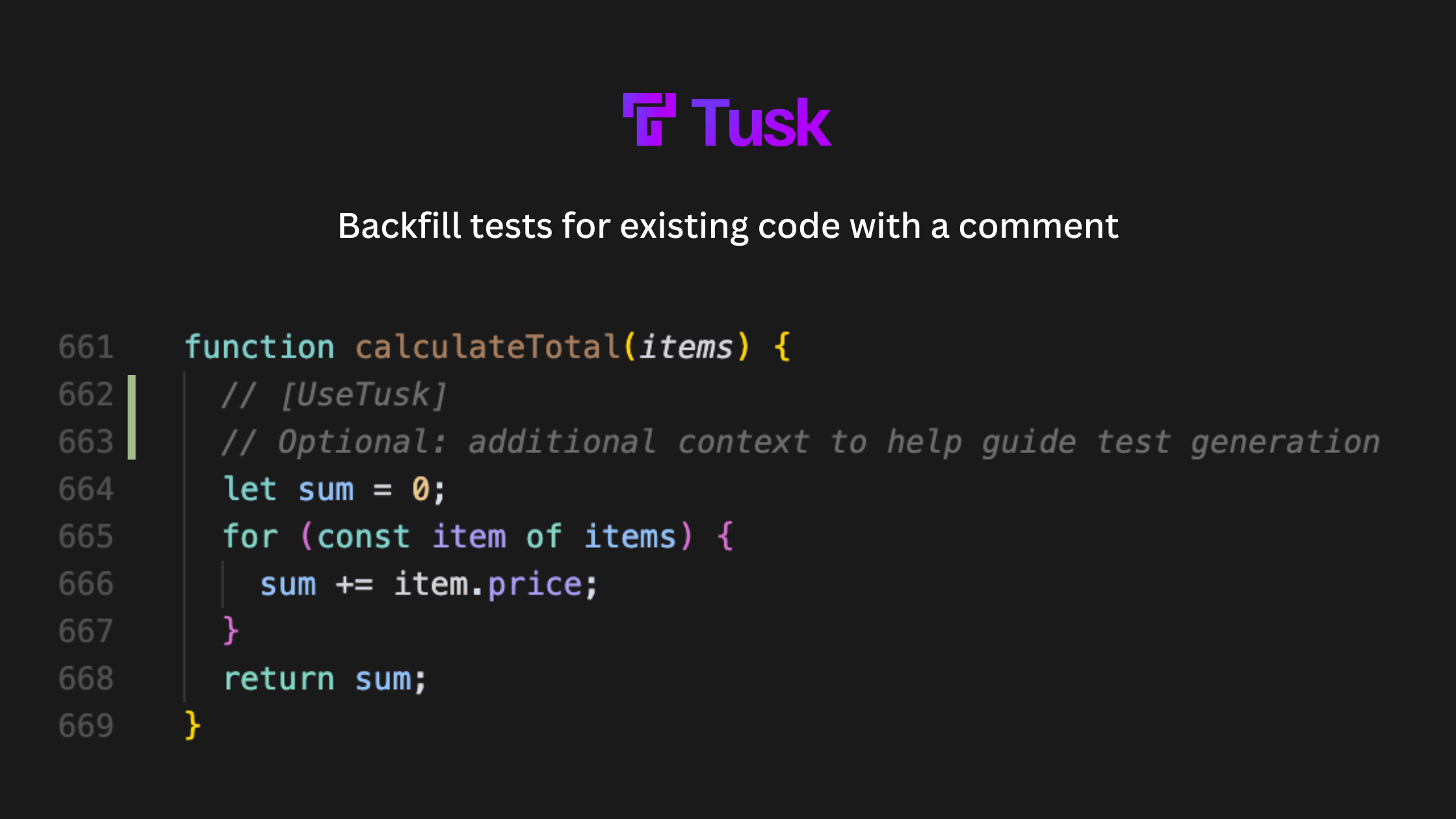 Banner showing example of backfilling unit tests for existing code with Tusk