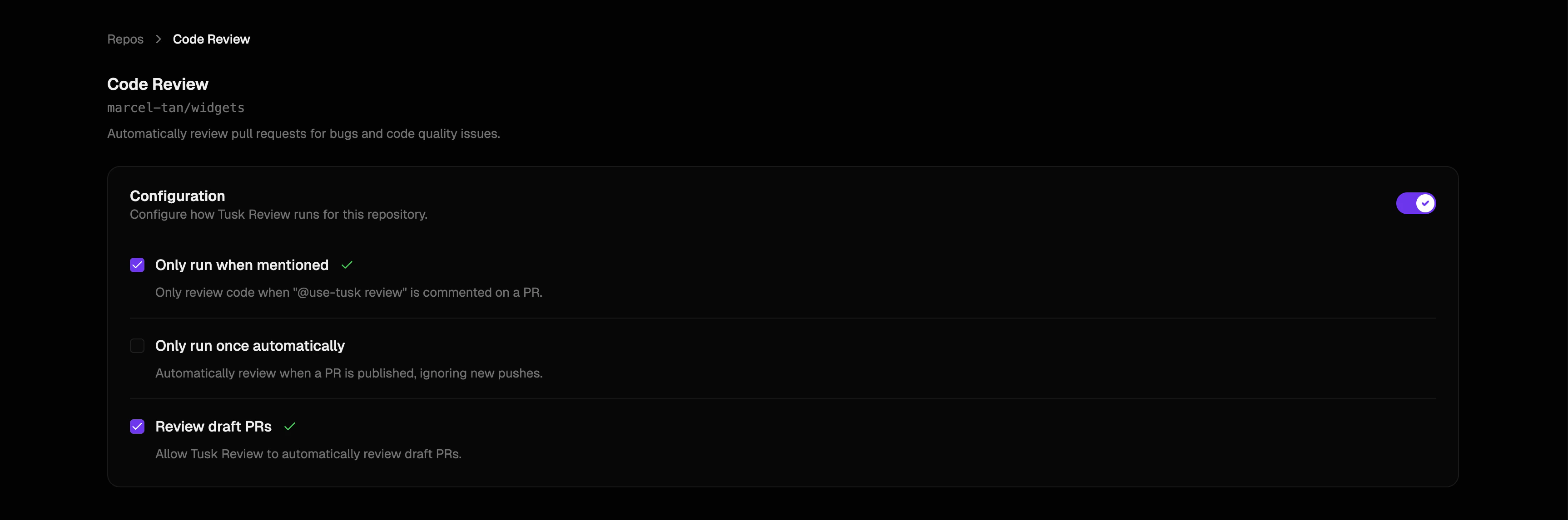 Tusk code review configuration page