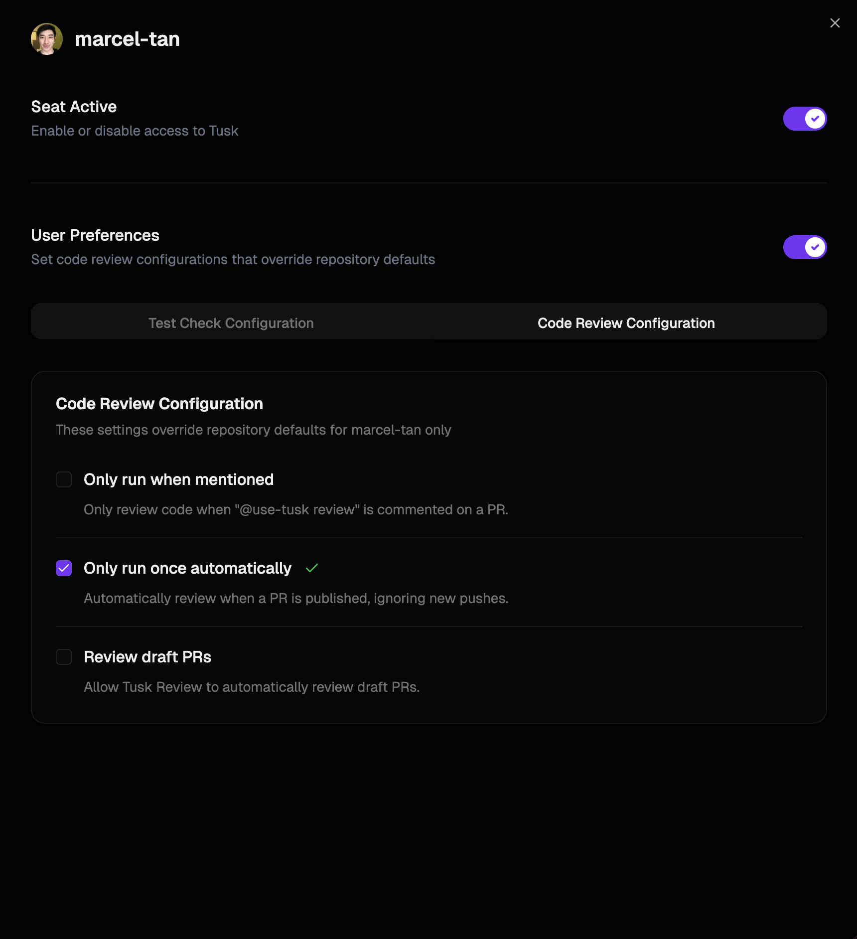 Tusk code review seat-level configuration panel