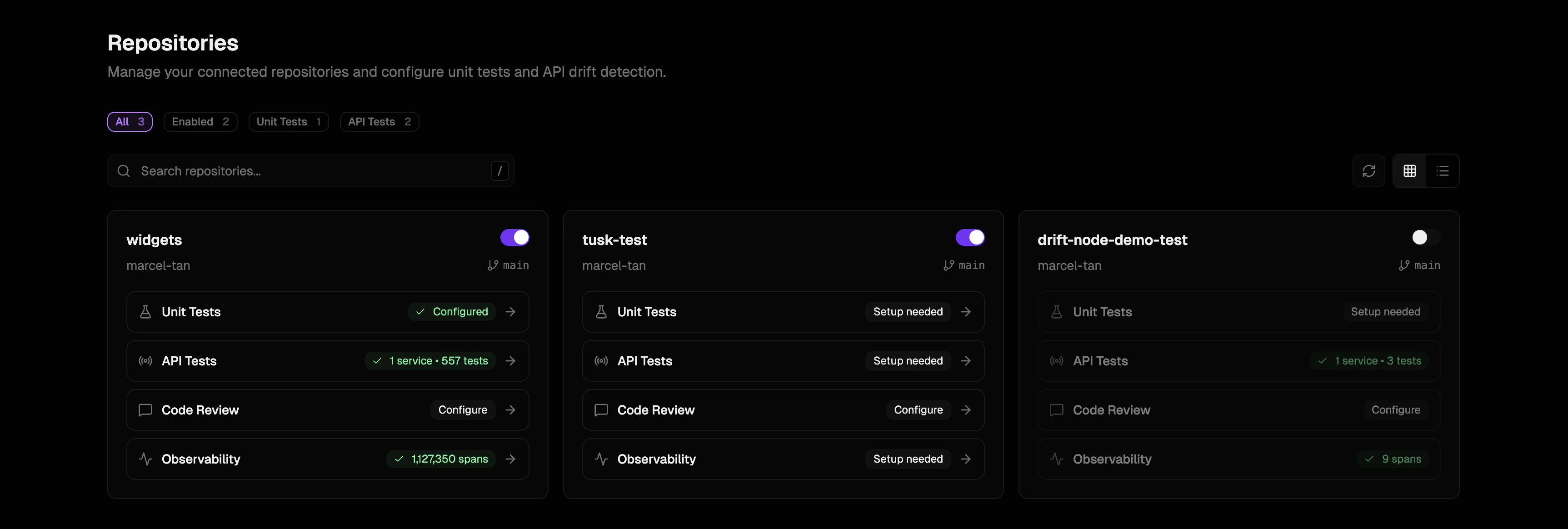 Tusk Repos page with Code Review in repo card