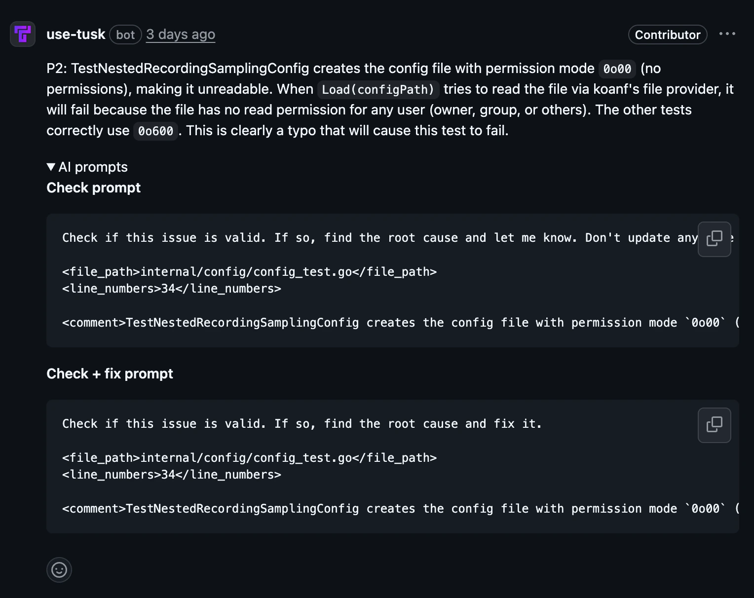 Tusk AI prompts in example PR comment