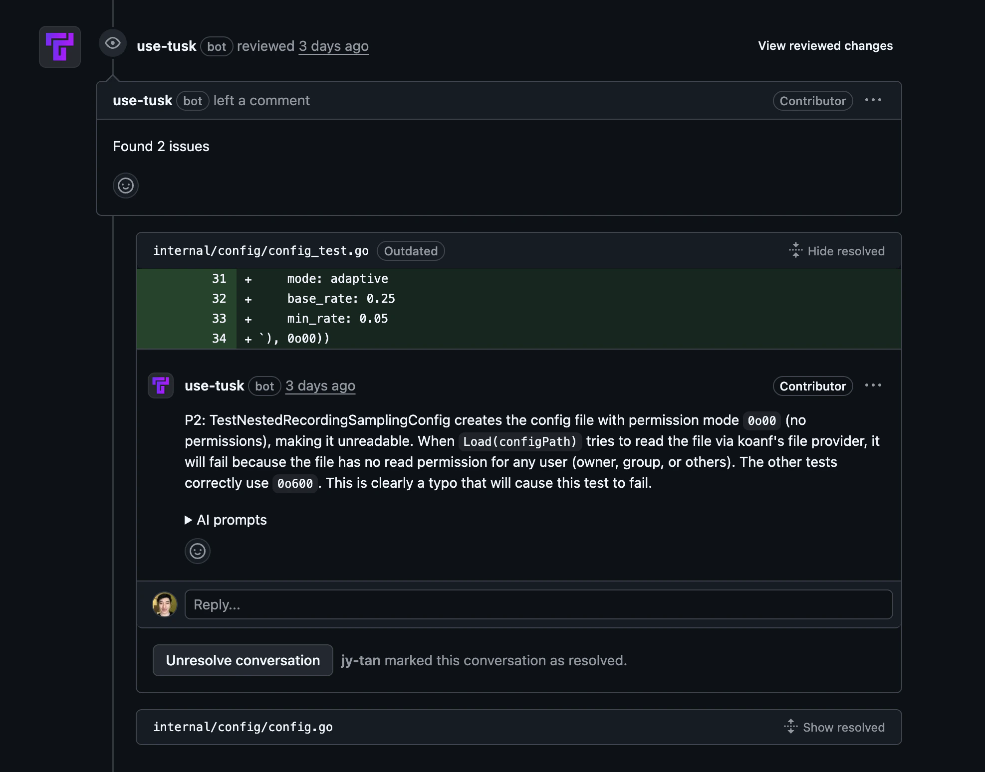Tusk code review example PR comment