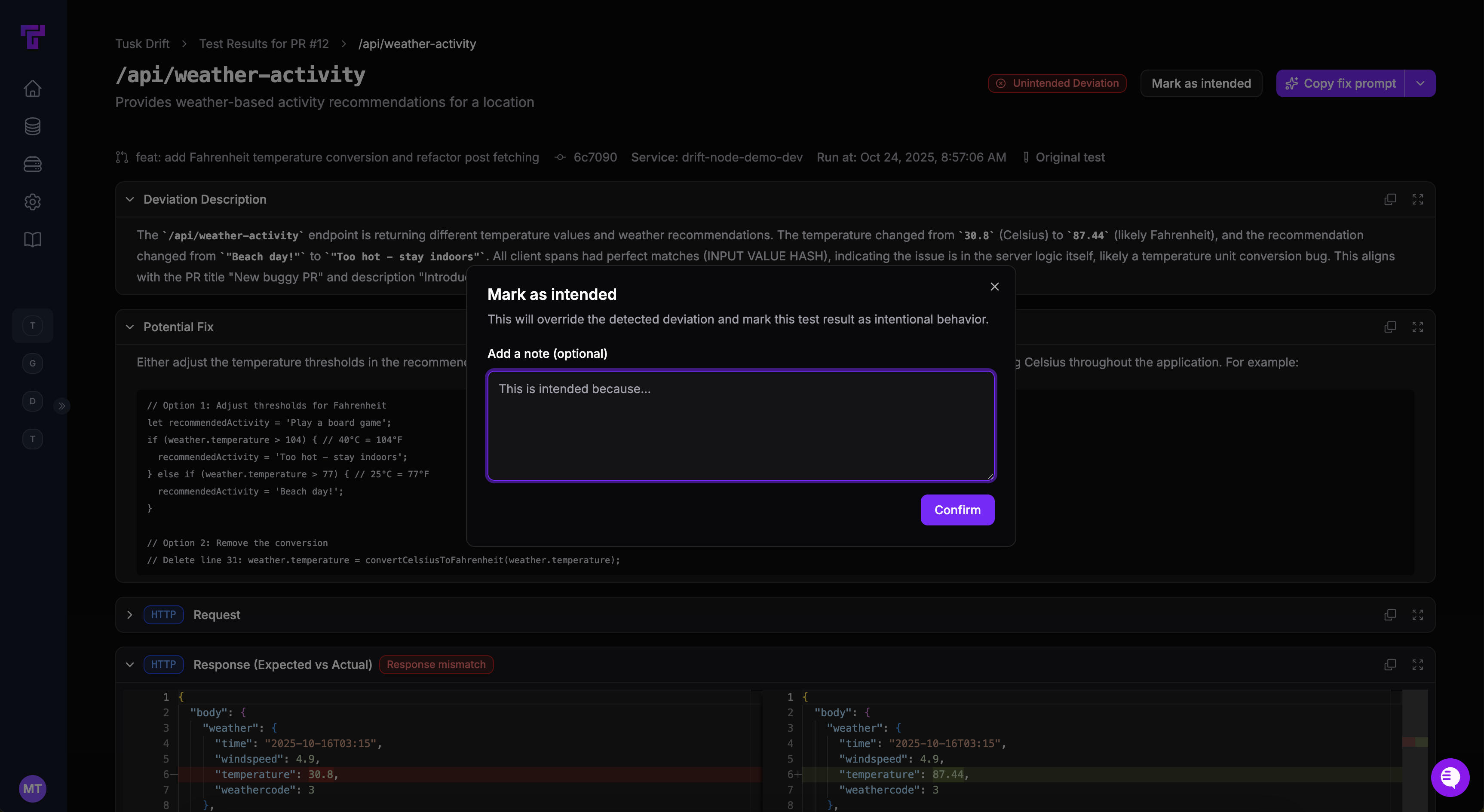 Mark as intended modal in API Drift Run page in dark mode