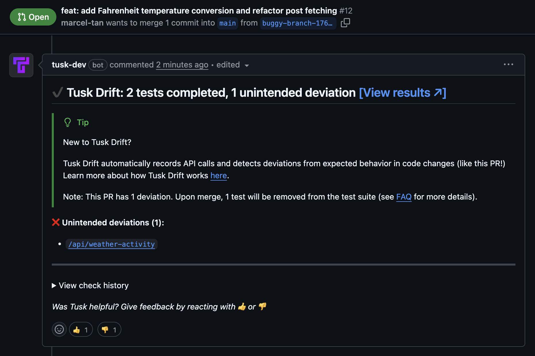 Tusk Drift PR comment in GitHub UI
