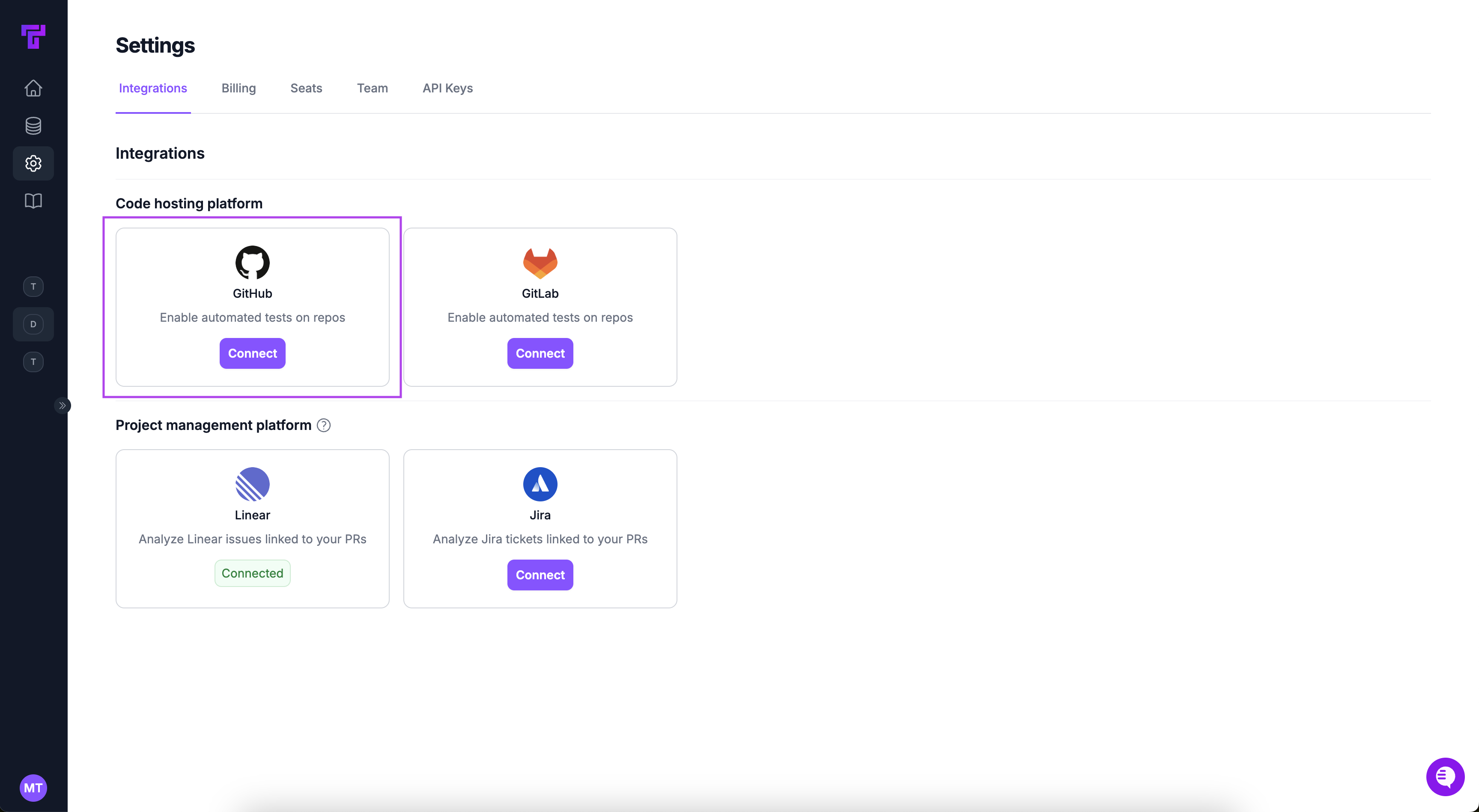 Connect GitHub in Settings