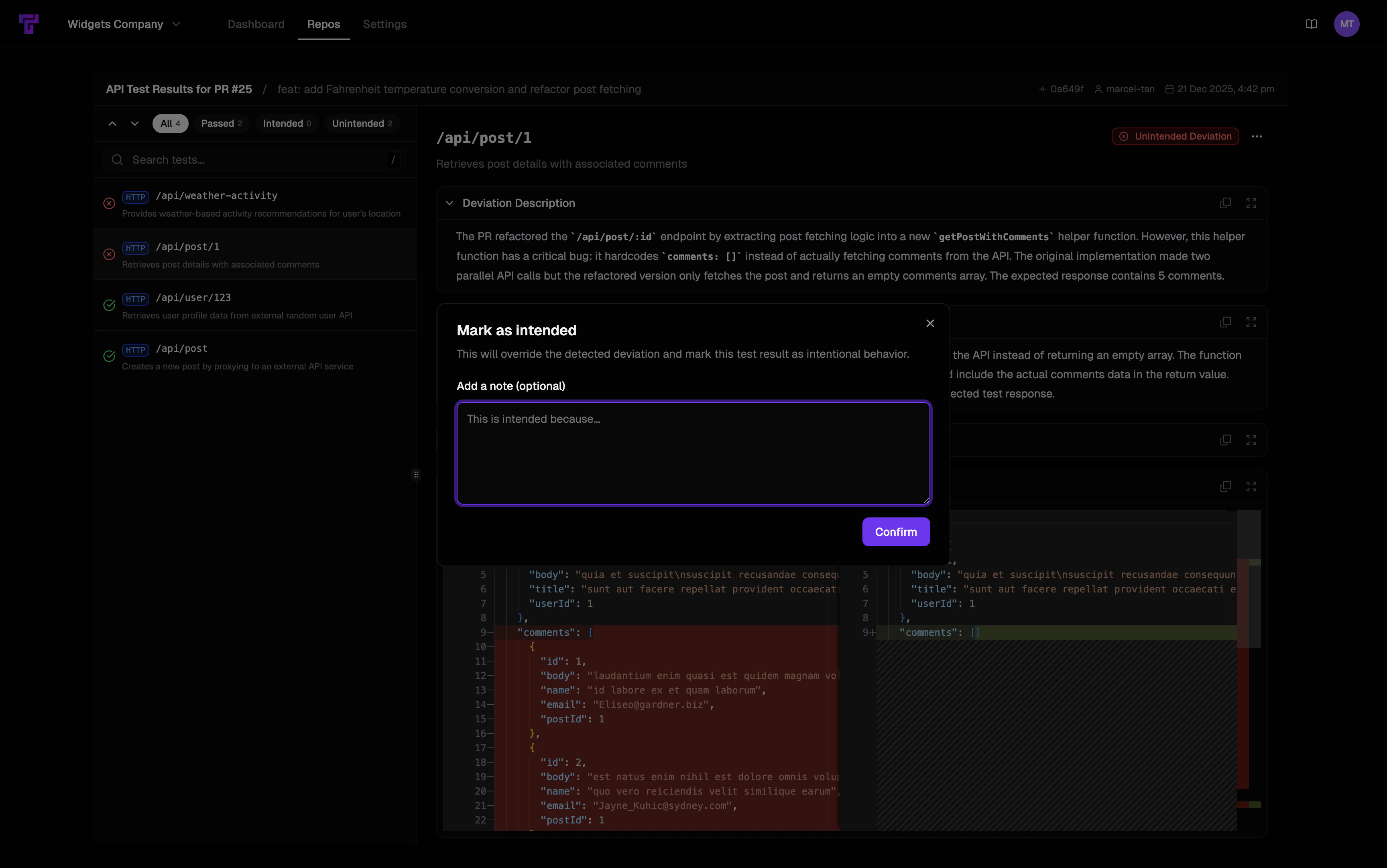 Mark as intended modal in API Drift Run page in dark mode