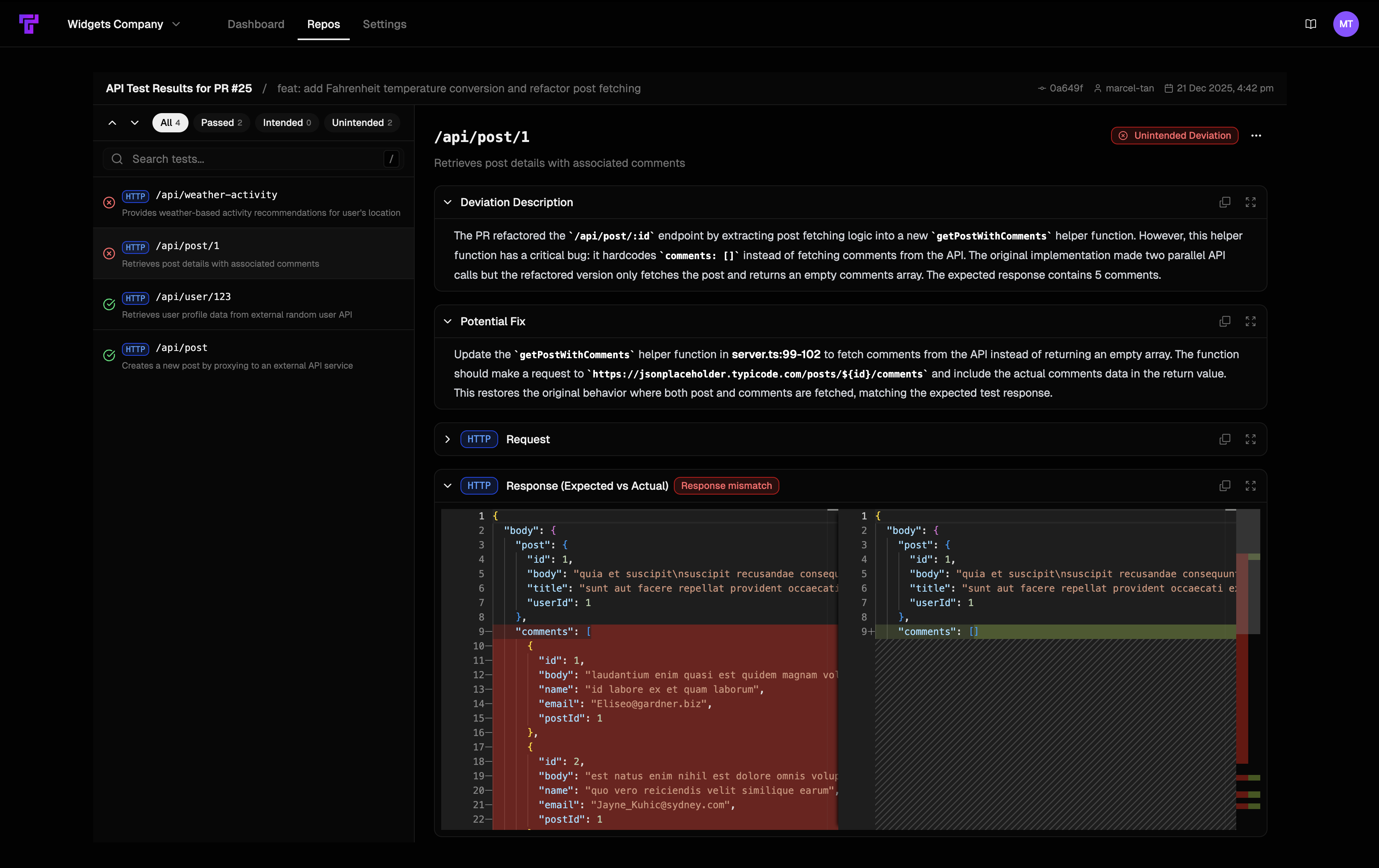 Example API Drift Run page in dark mode