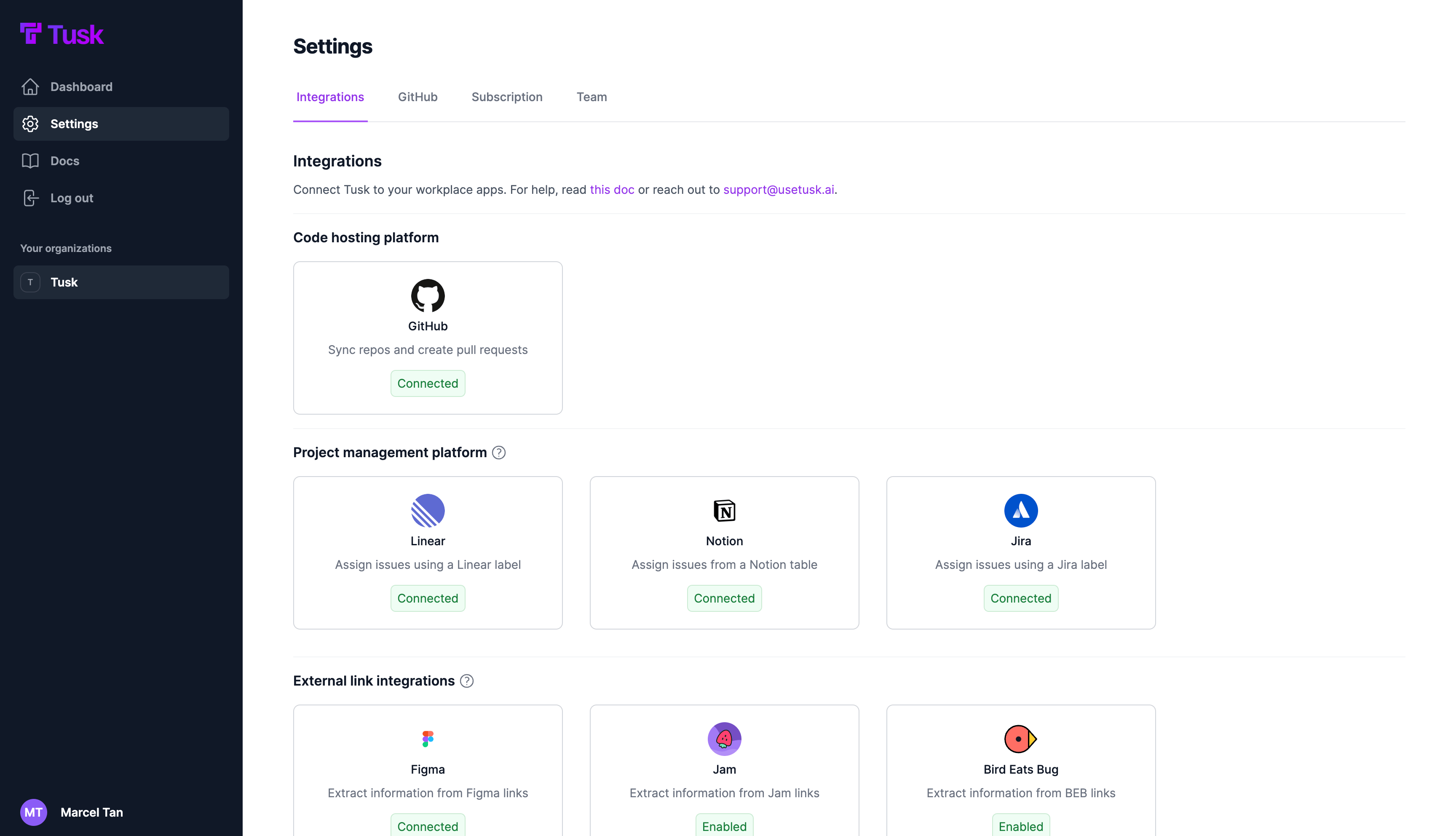 Settings Page with External Links
